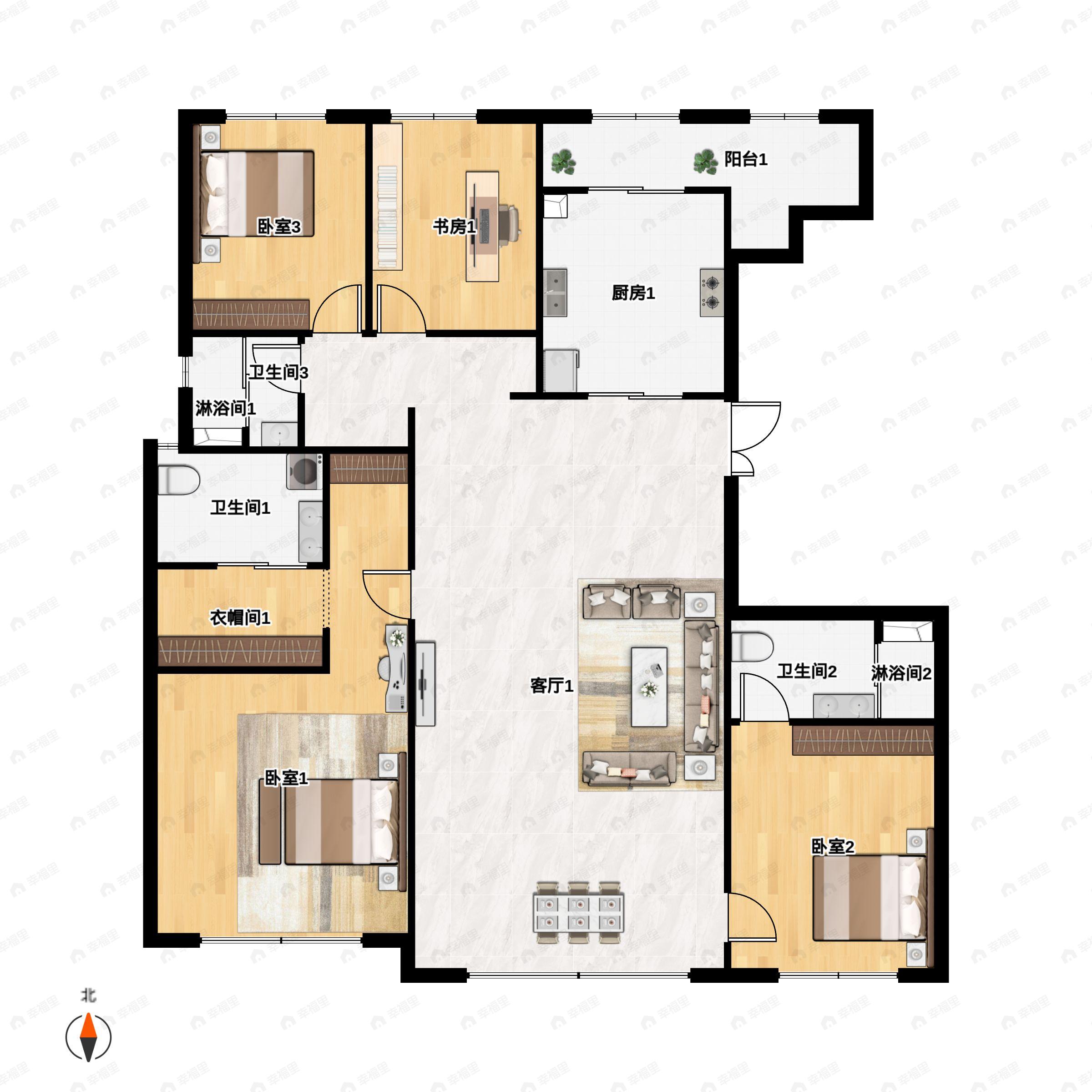 4室2厅3卫建面164平户型图