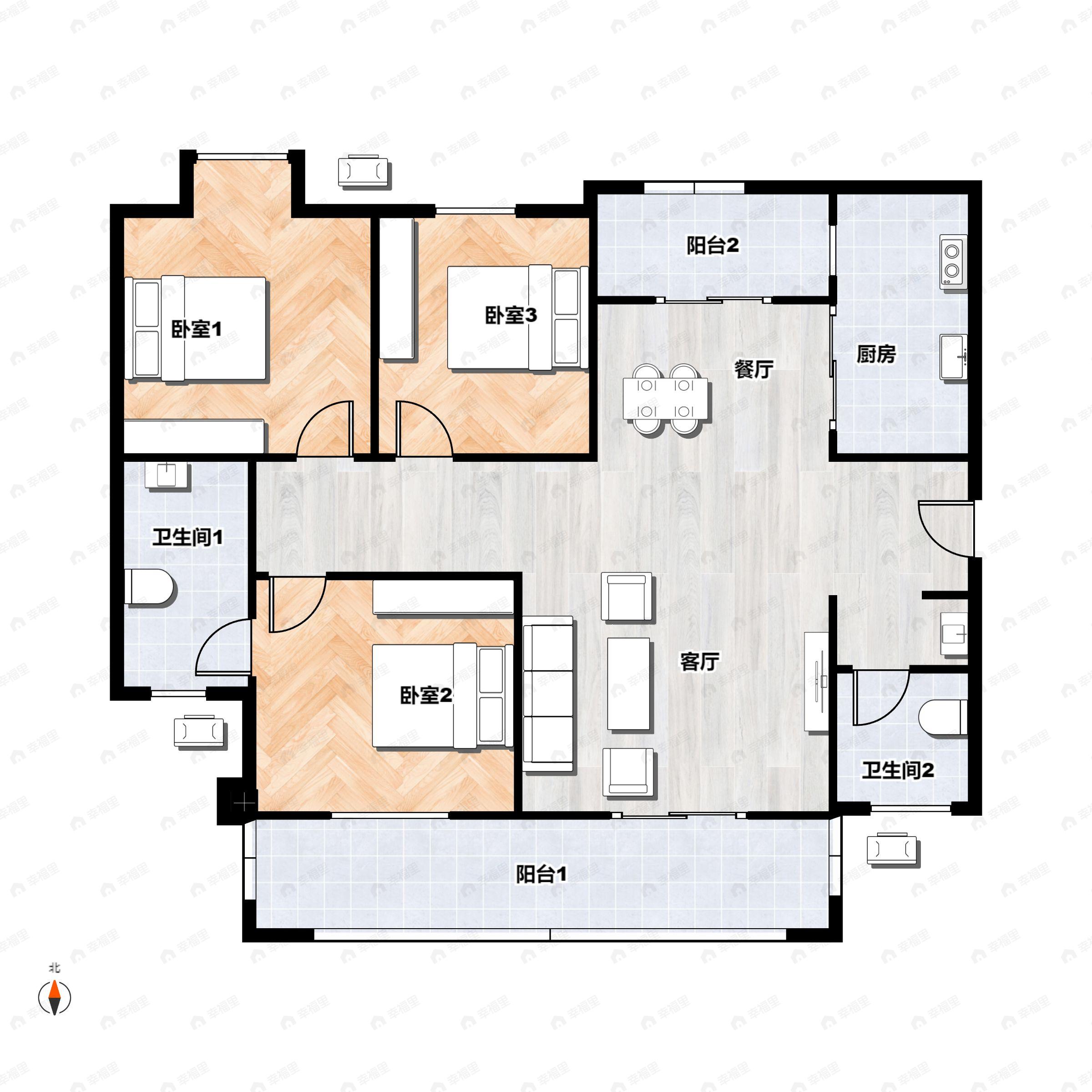 3室2厅2卫建面97平南户型图