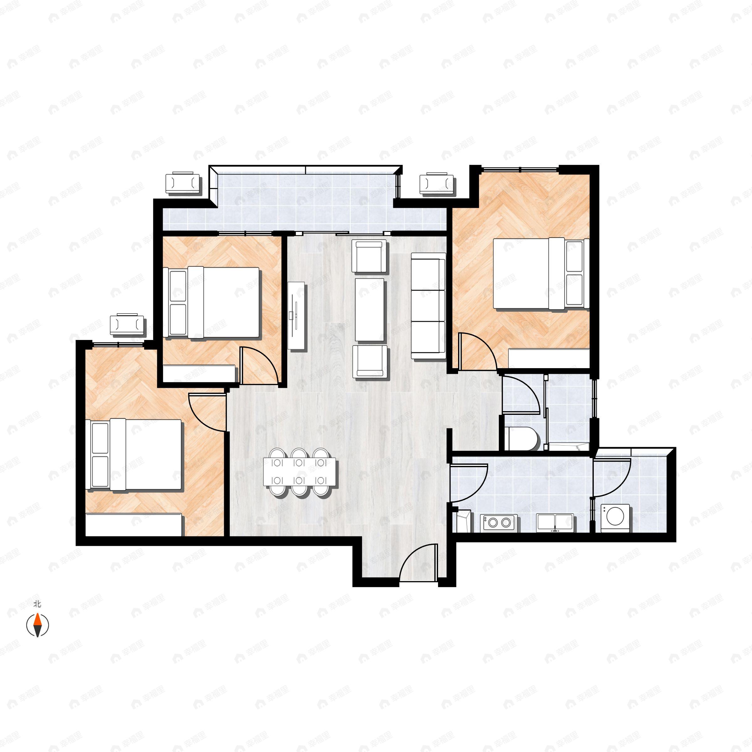 3室2厅1卫建面87m²北|南户型图