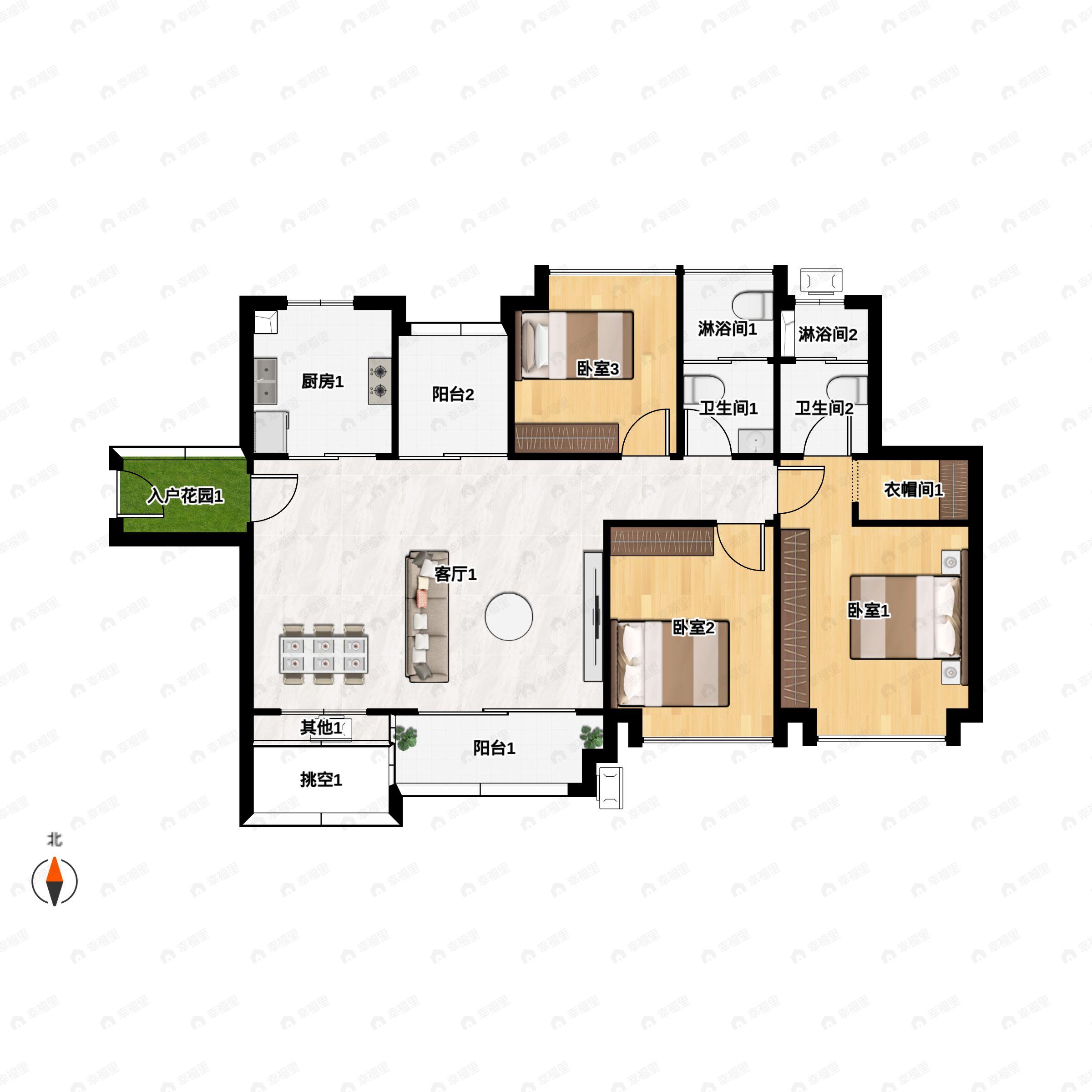 3室2厅2卫建面106平户型图