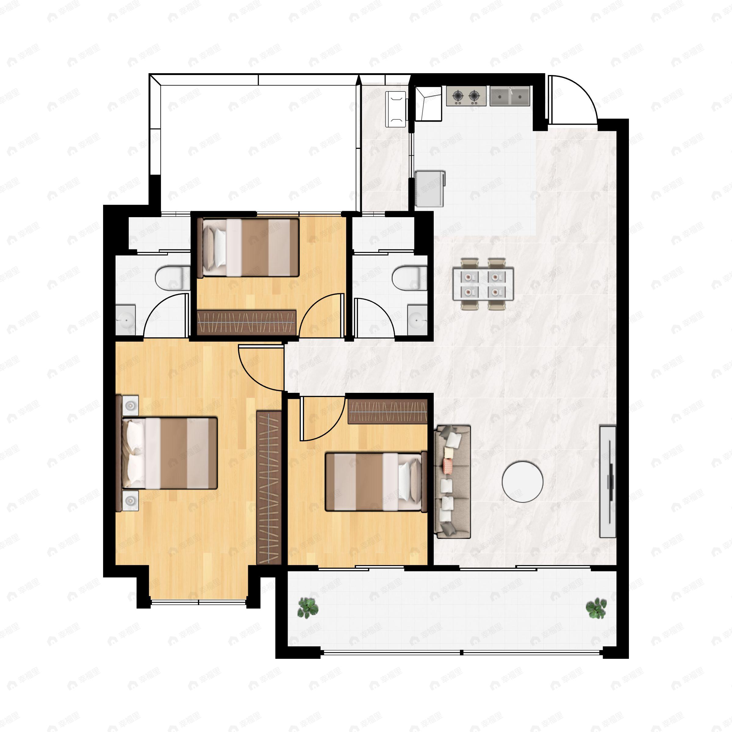 3室2厅2卫建面119m²南户型图