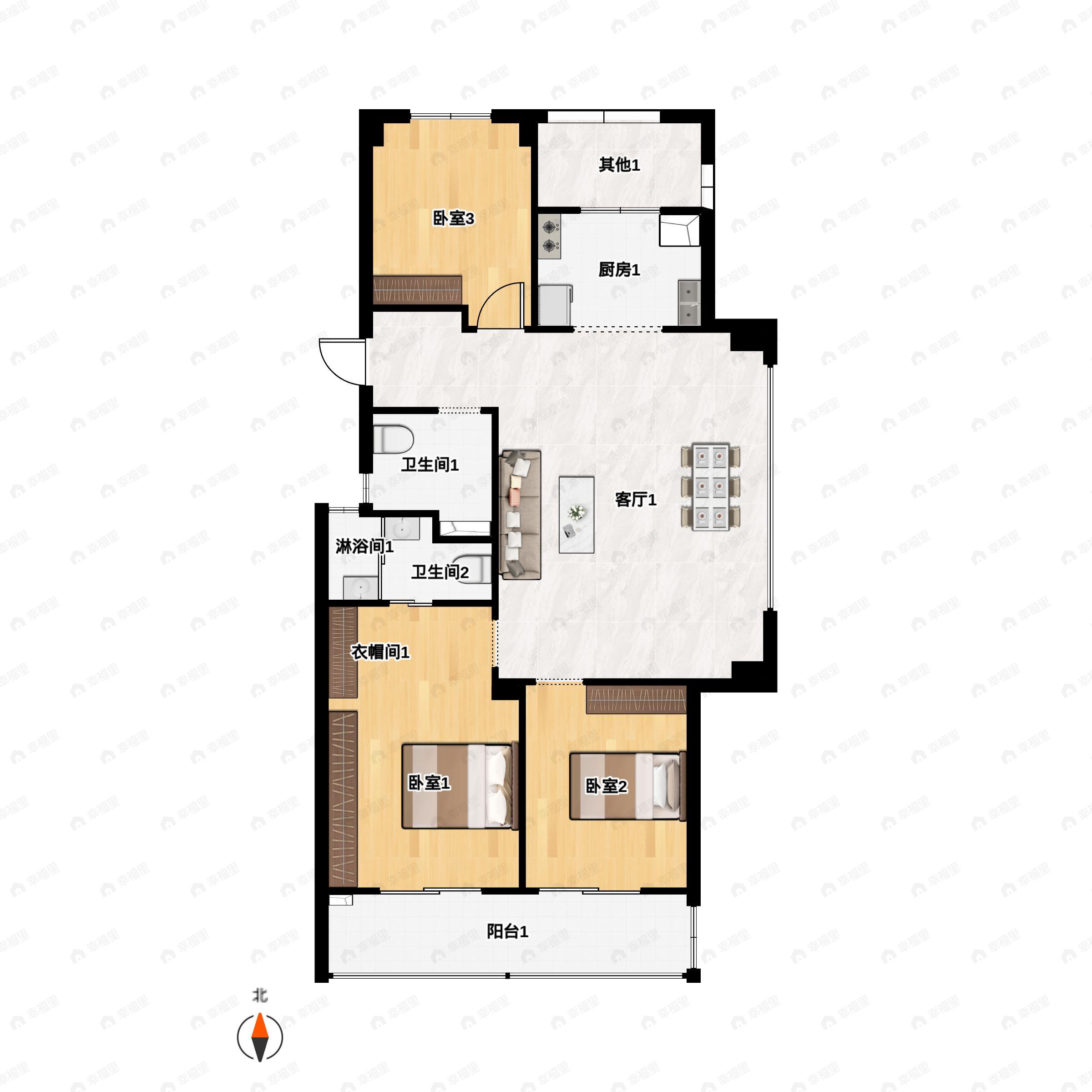 3室2厅2卫建面113m²南户型图
