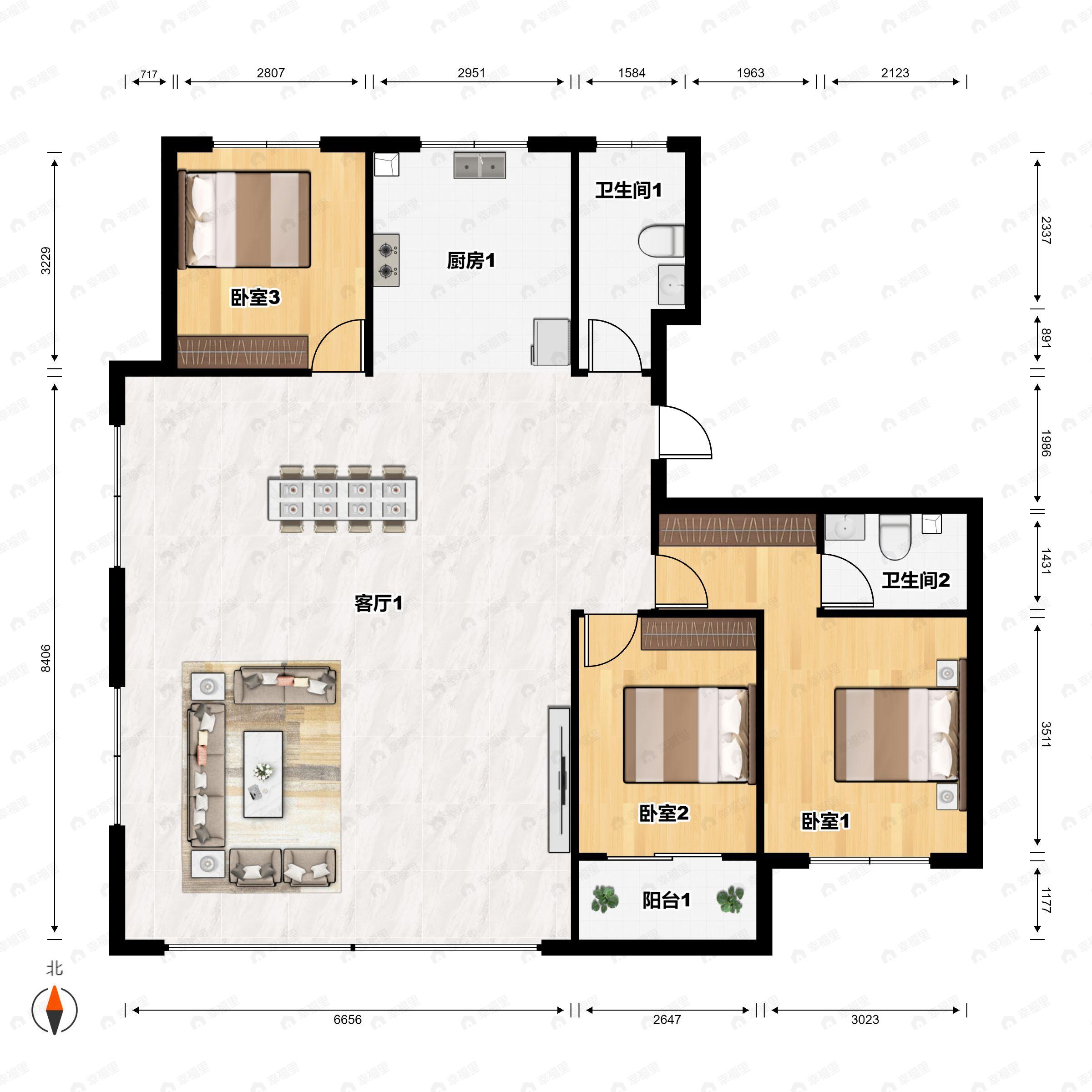 3室2厅2卫建面160m²南户型图