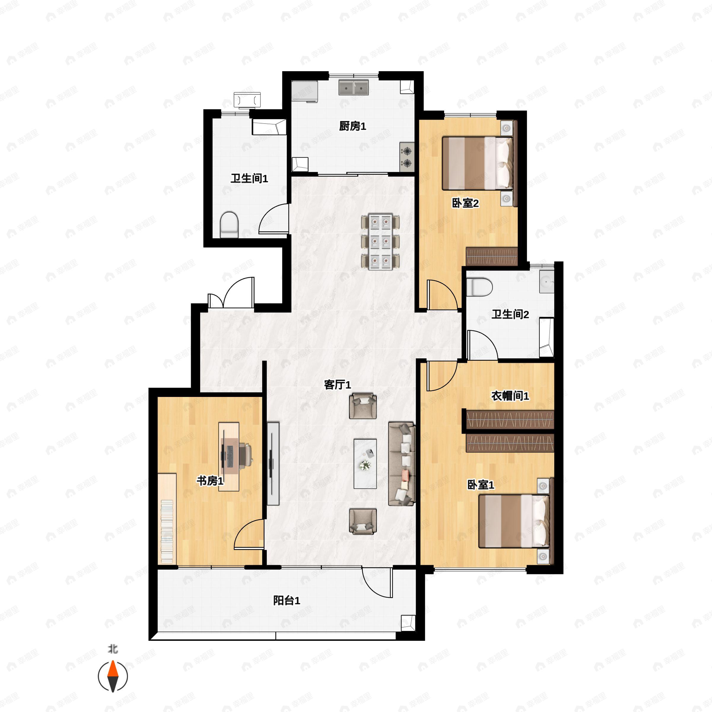 3室2厅2卫建面128平户型图