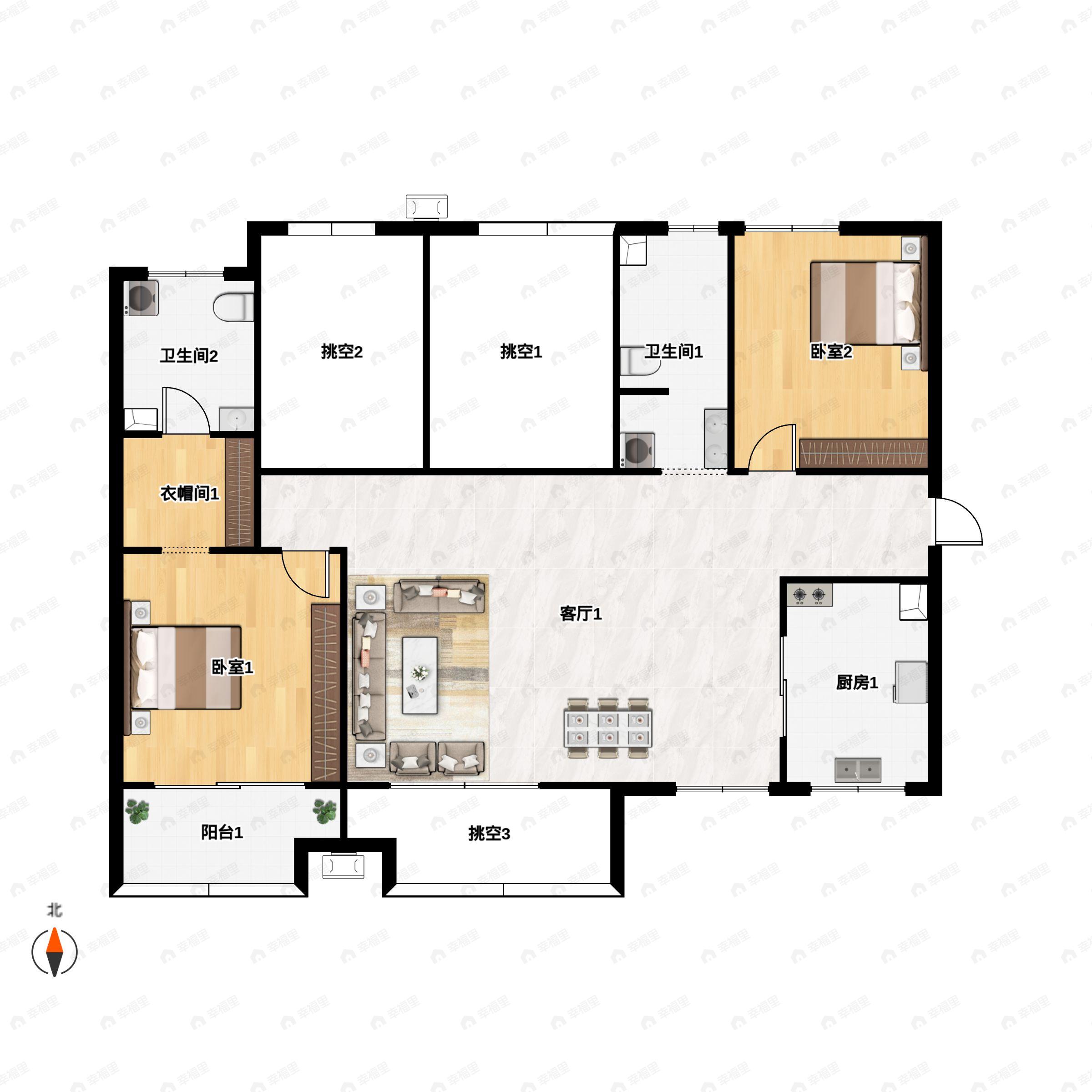 2室2厅2卫建面123m²北|南户型图