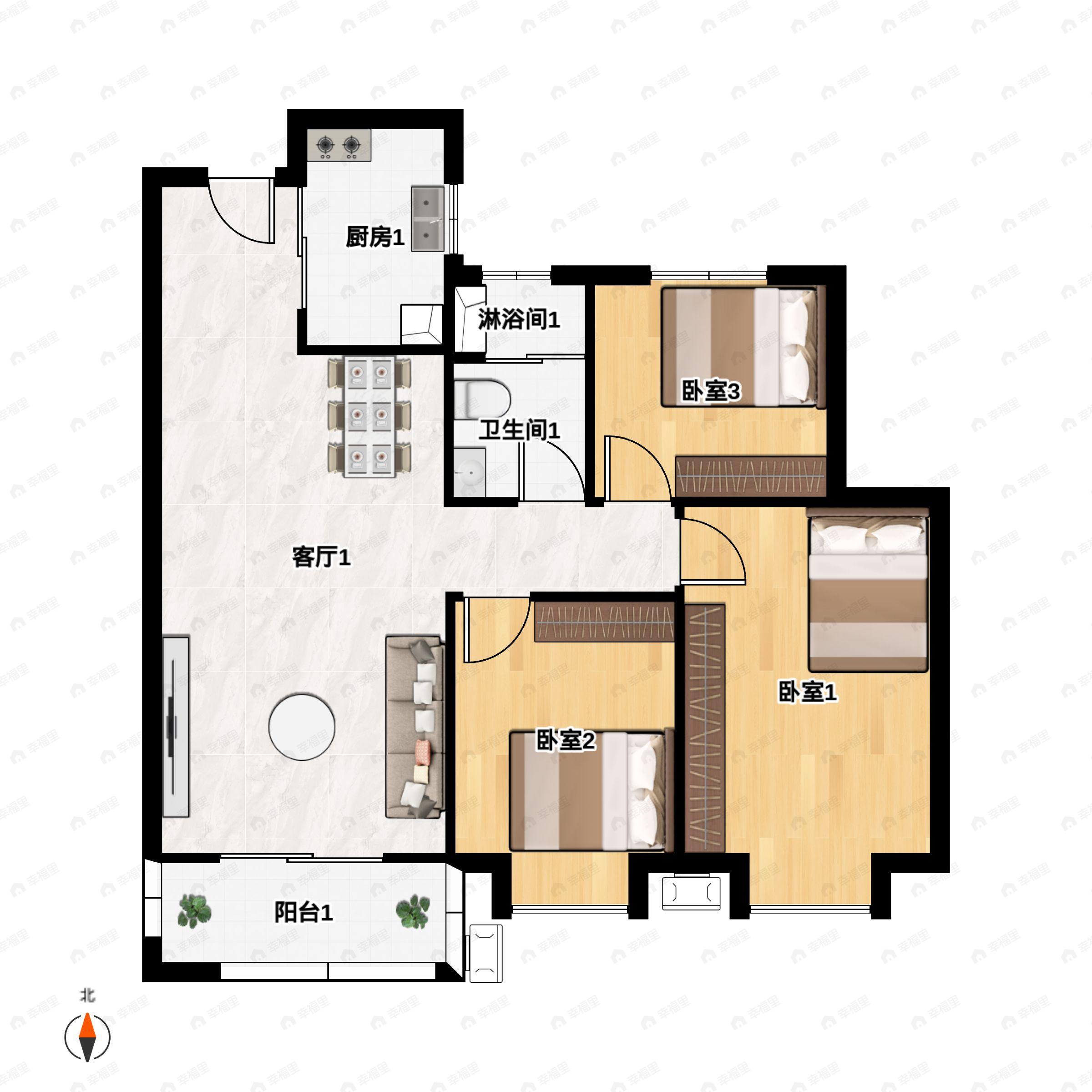 3室2厅1卫建面106平户型图