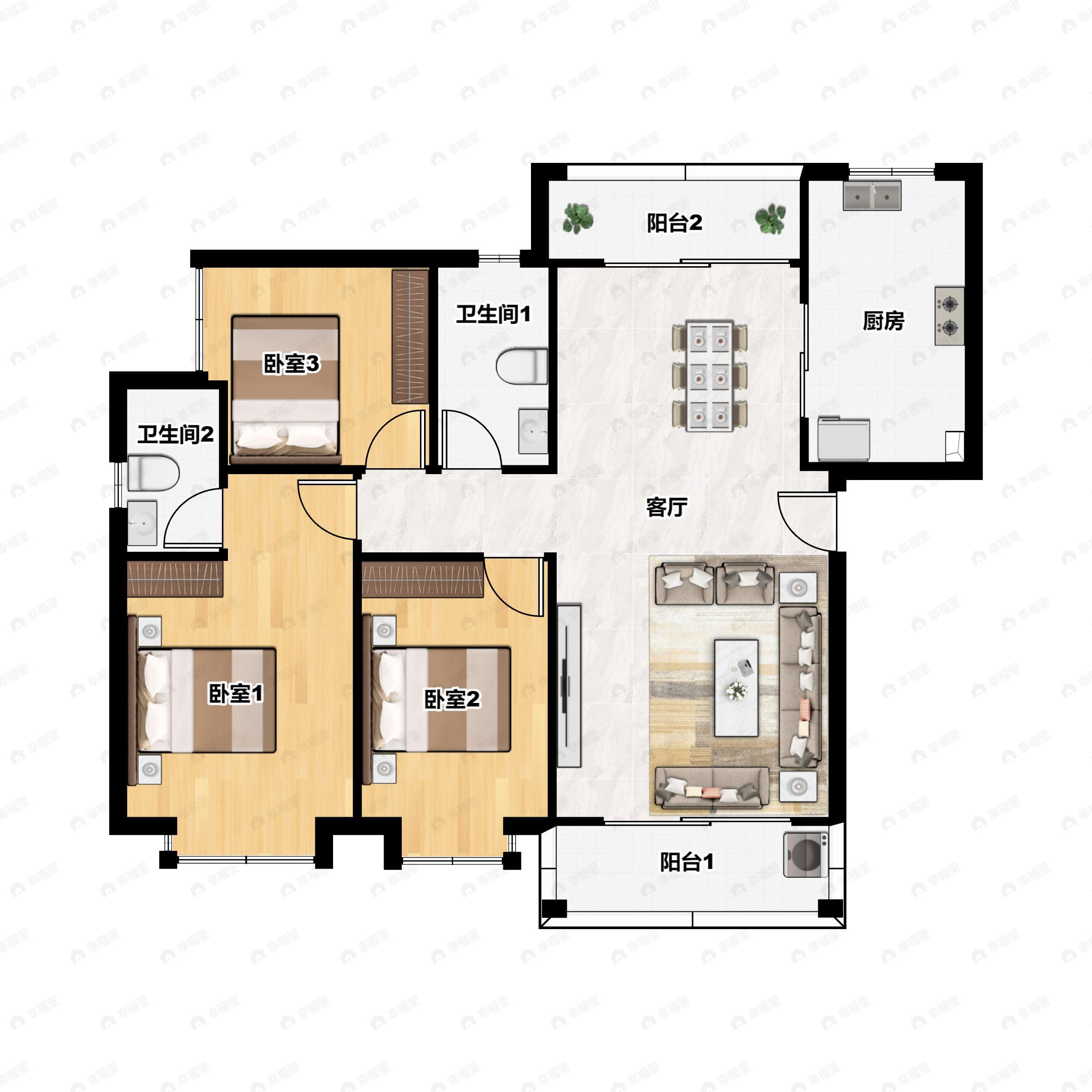 3室2厅2卫建面108平户型图