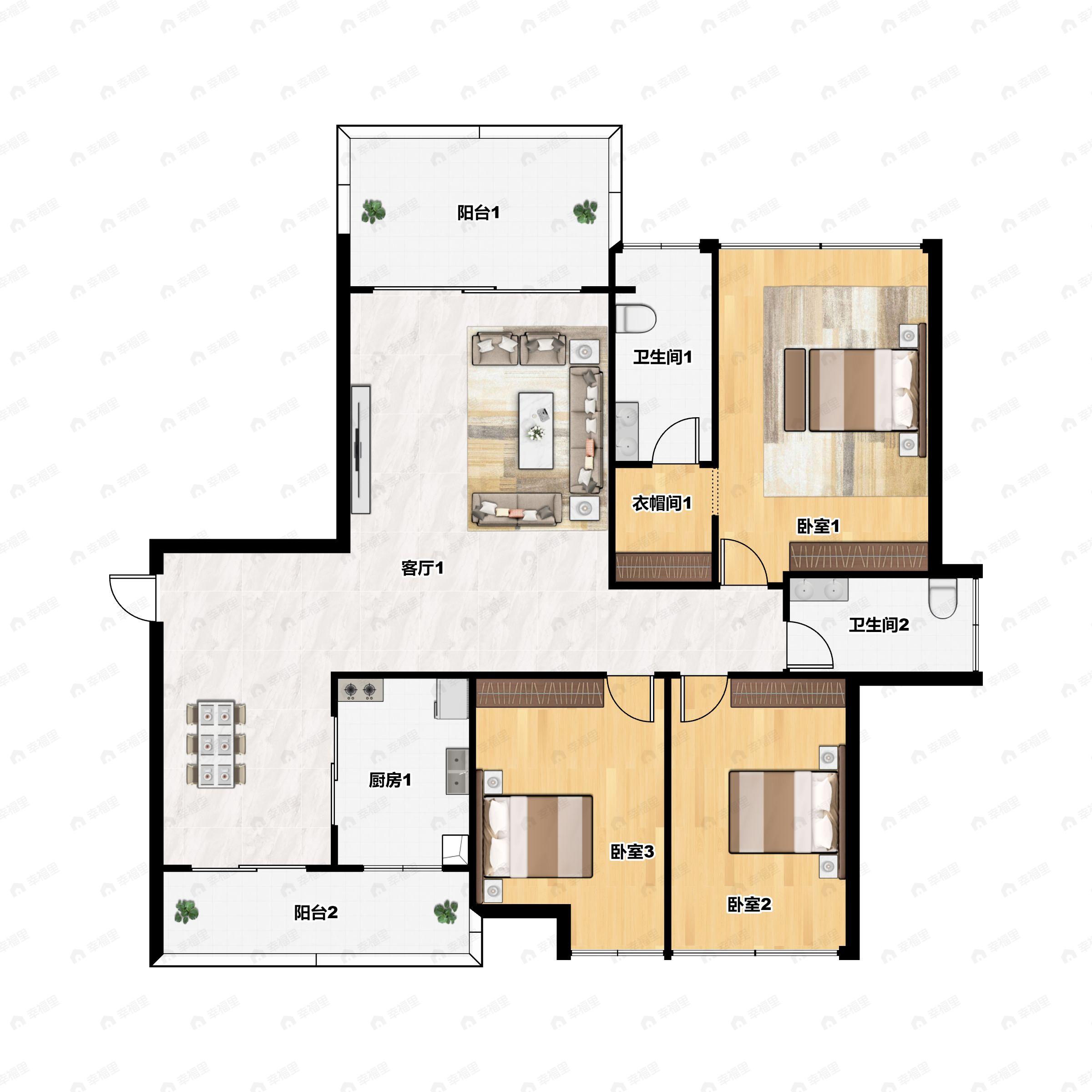 3室2厅2卫建面117m²南户型图