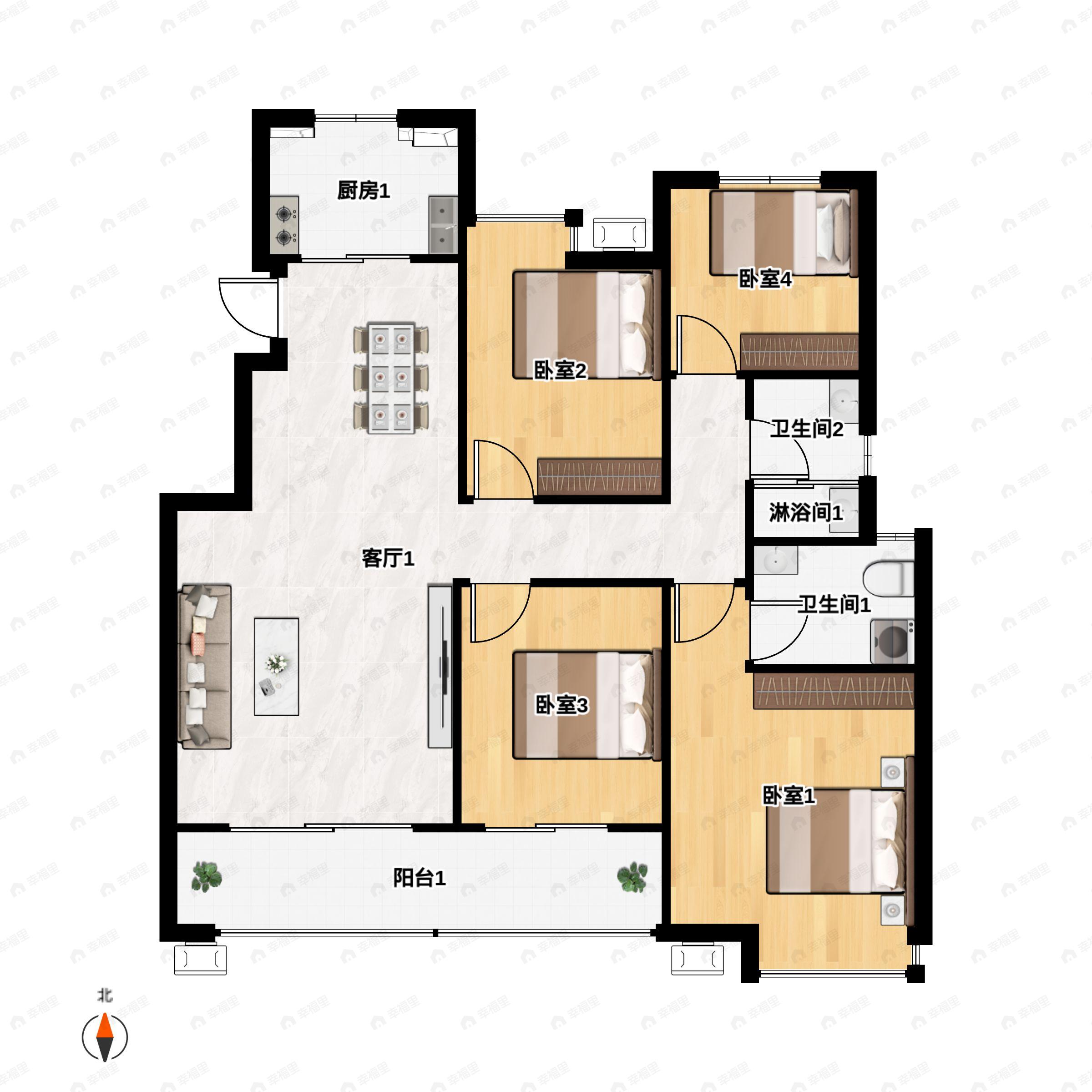 4室2厅2卫建面118平南户型图