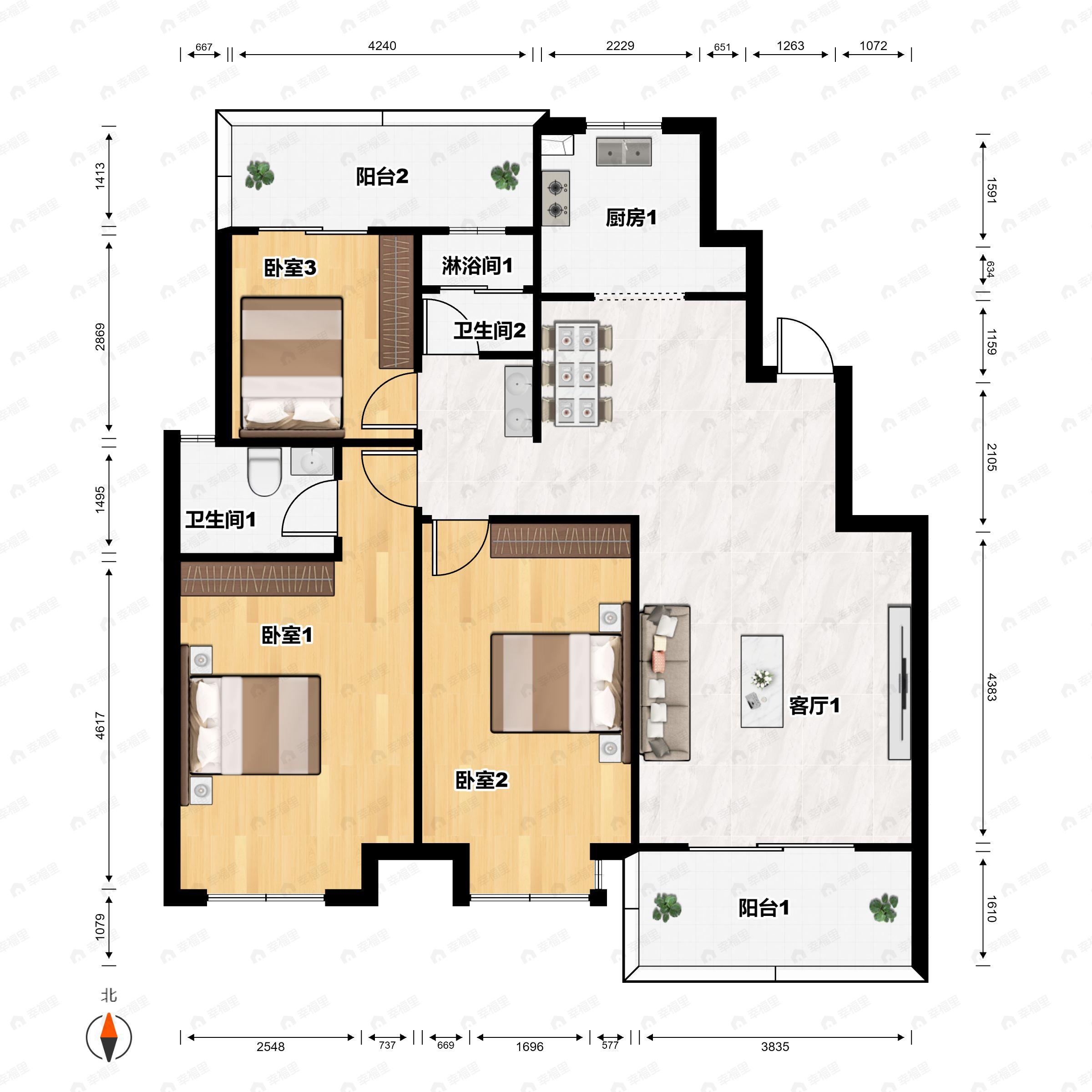 3室2厅2卫建面118平南户型图