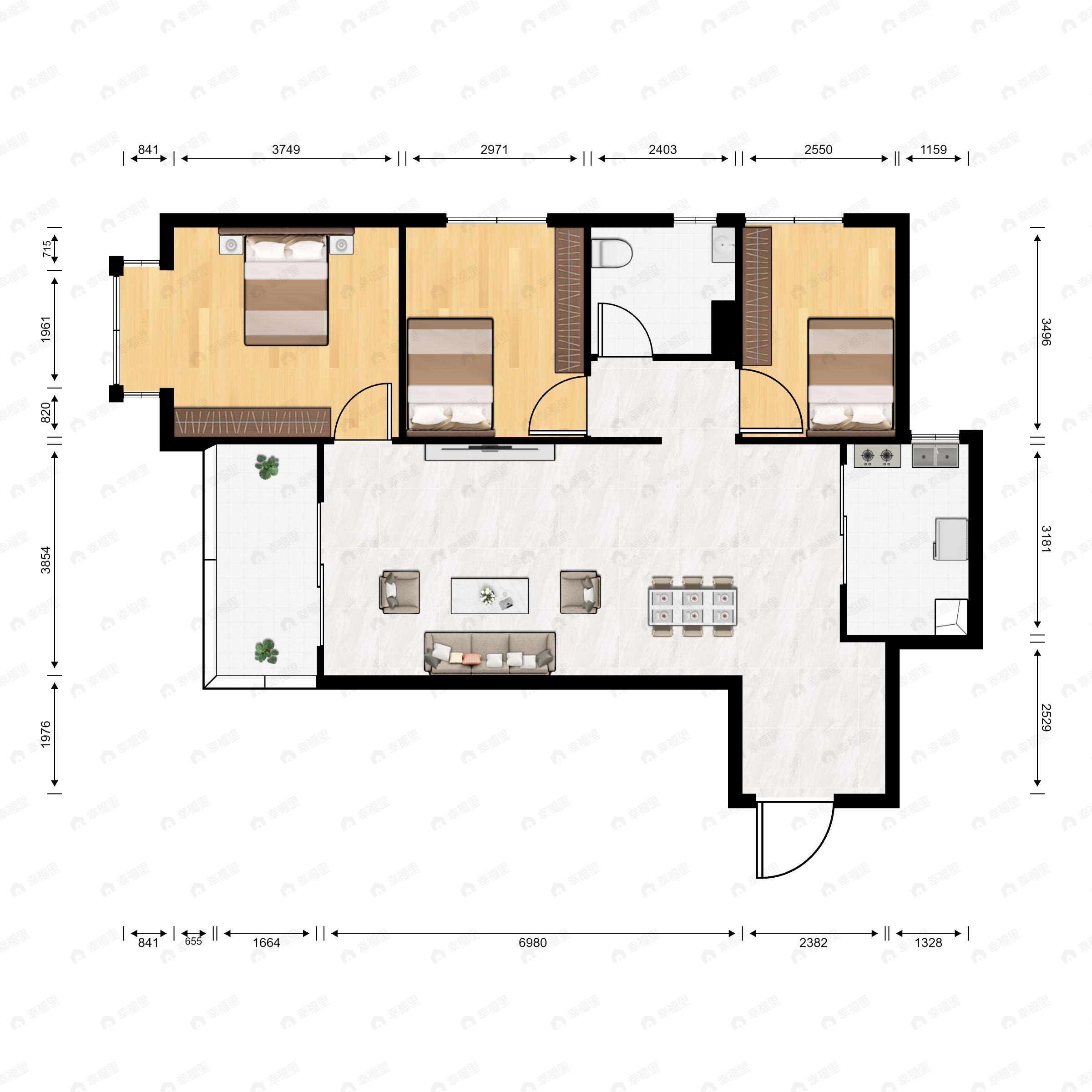 3室2厅1卫建面91m²西户型图