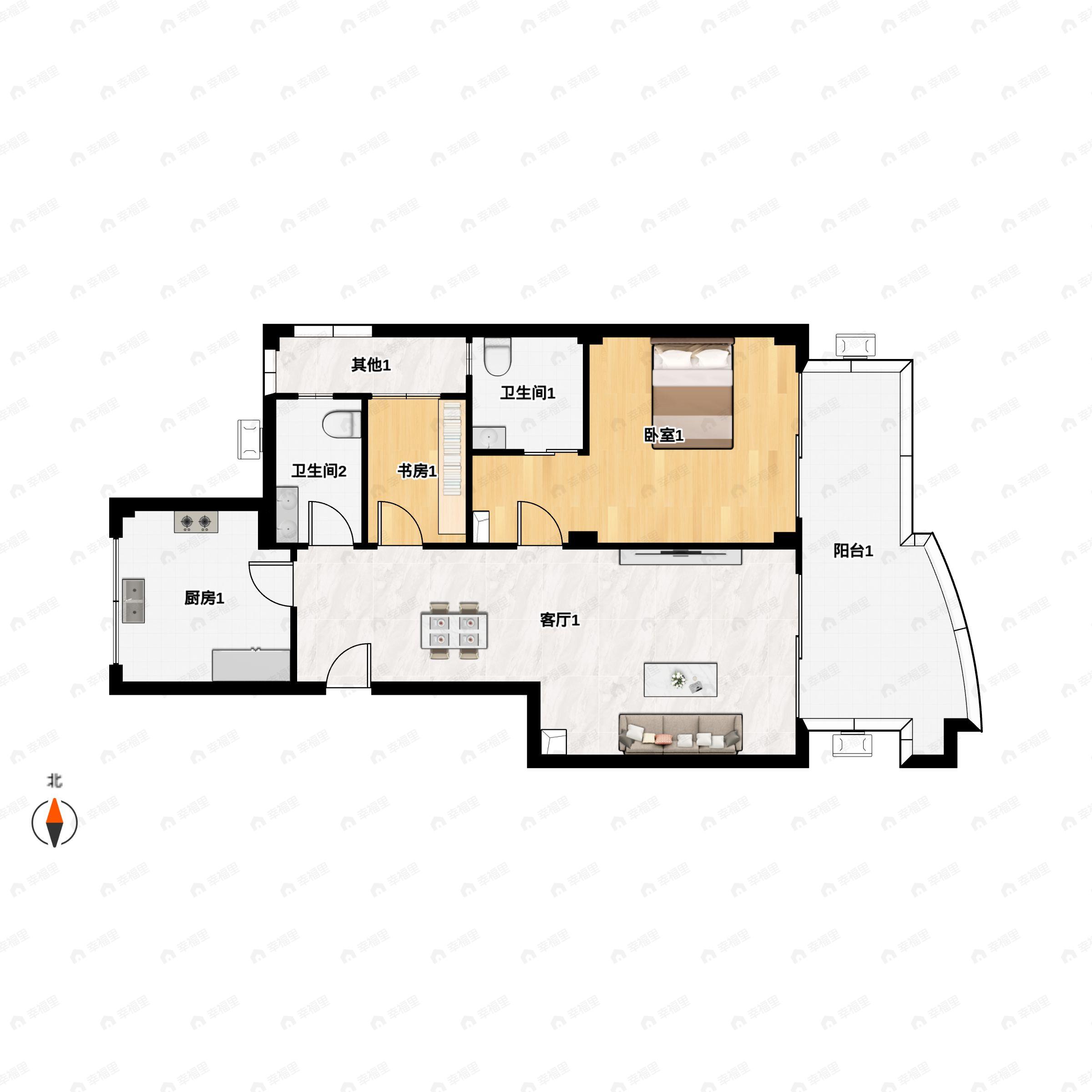 2室2厅2卫建面91平户型图
