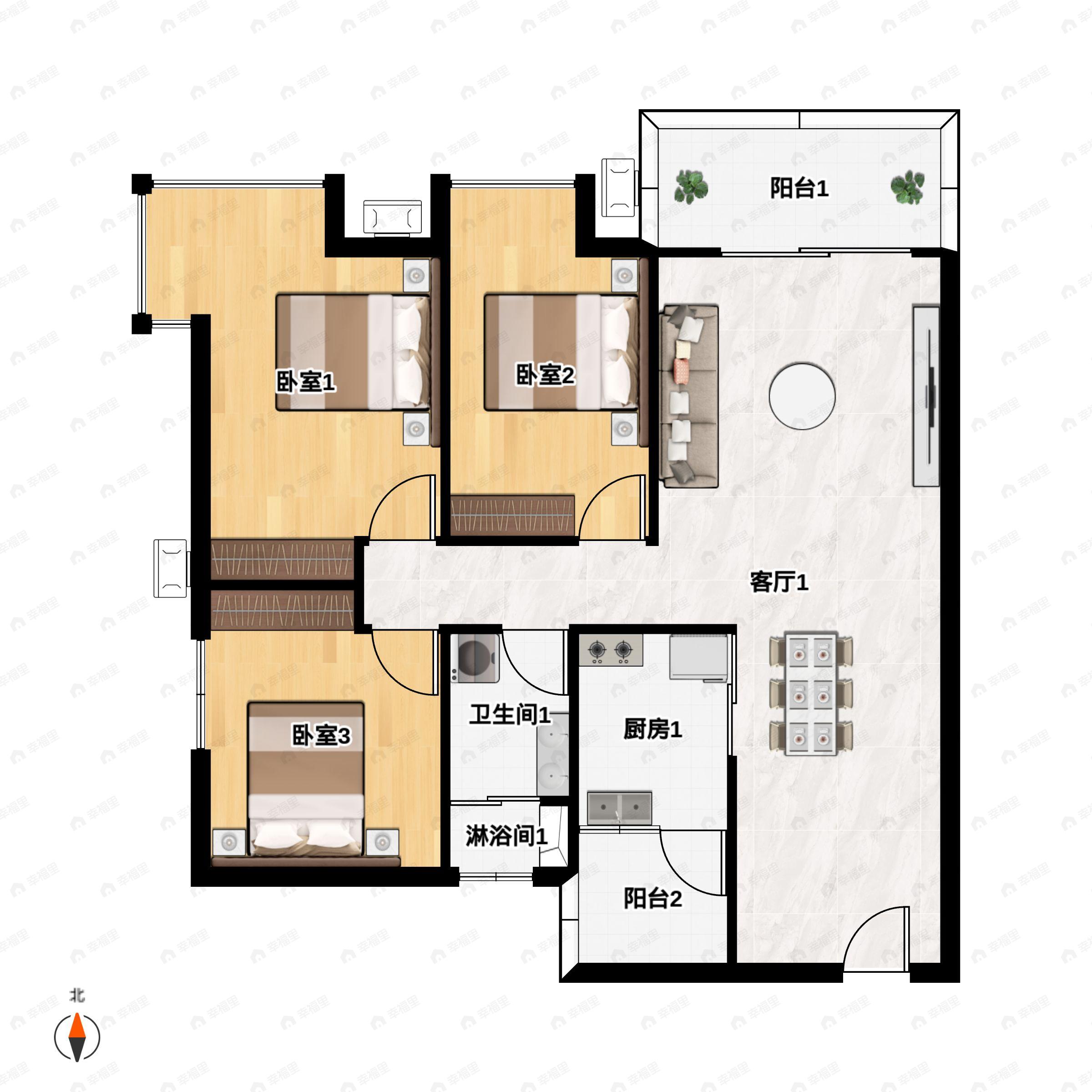 3室2厅1卫建面107m²南户型图