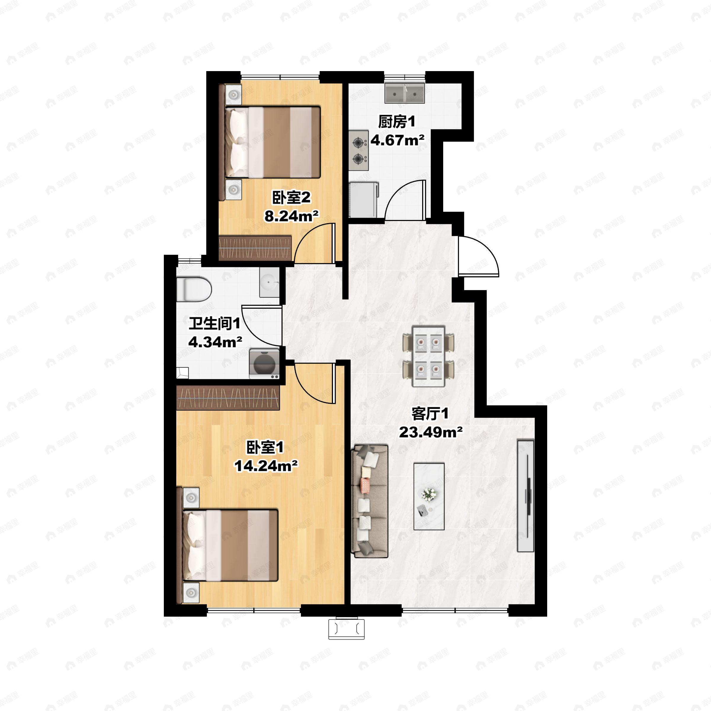 2室2厅1卫建面75m²南户型图