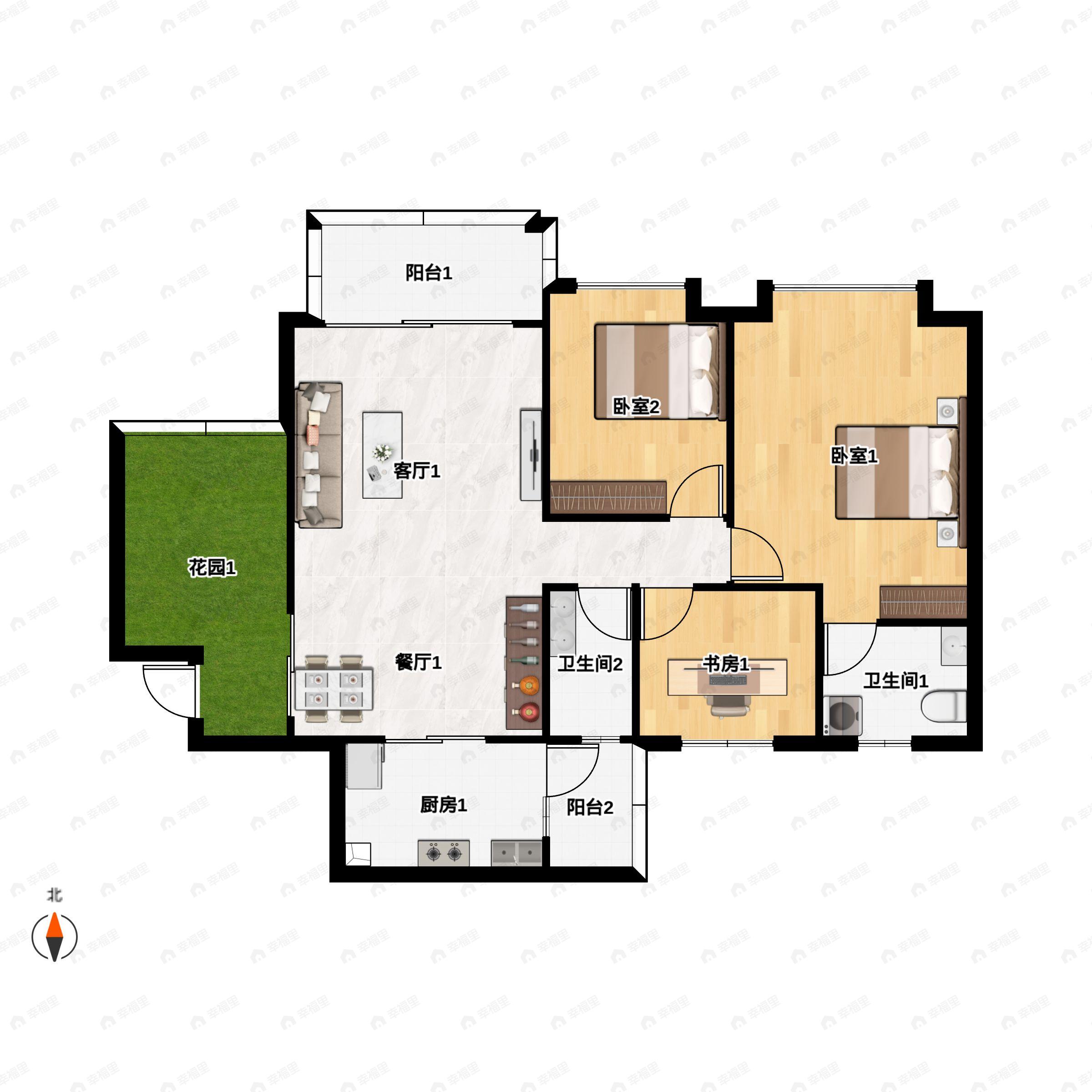 3室2厅2卫建面100m²北|南户型图