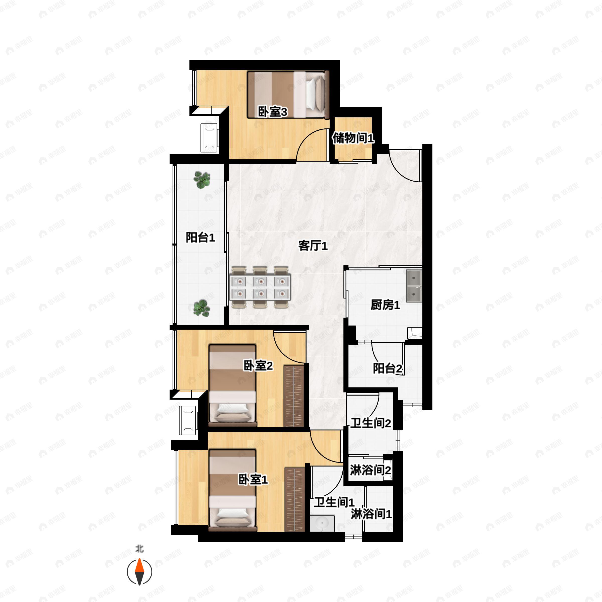 3室2厅2卫建面99m²南户型图