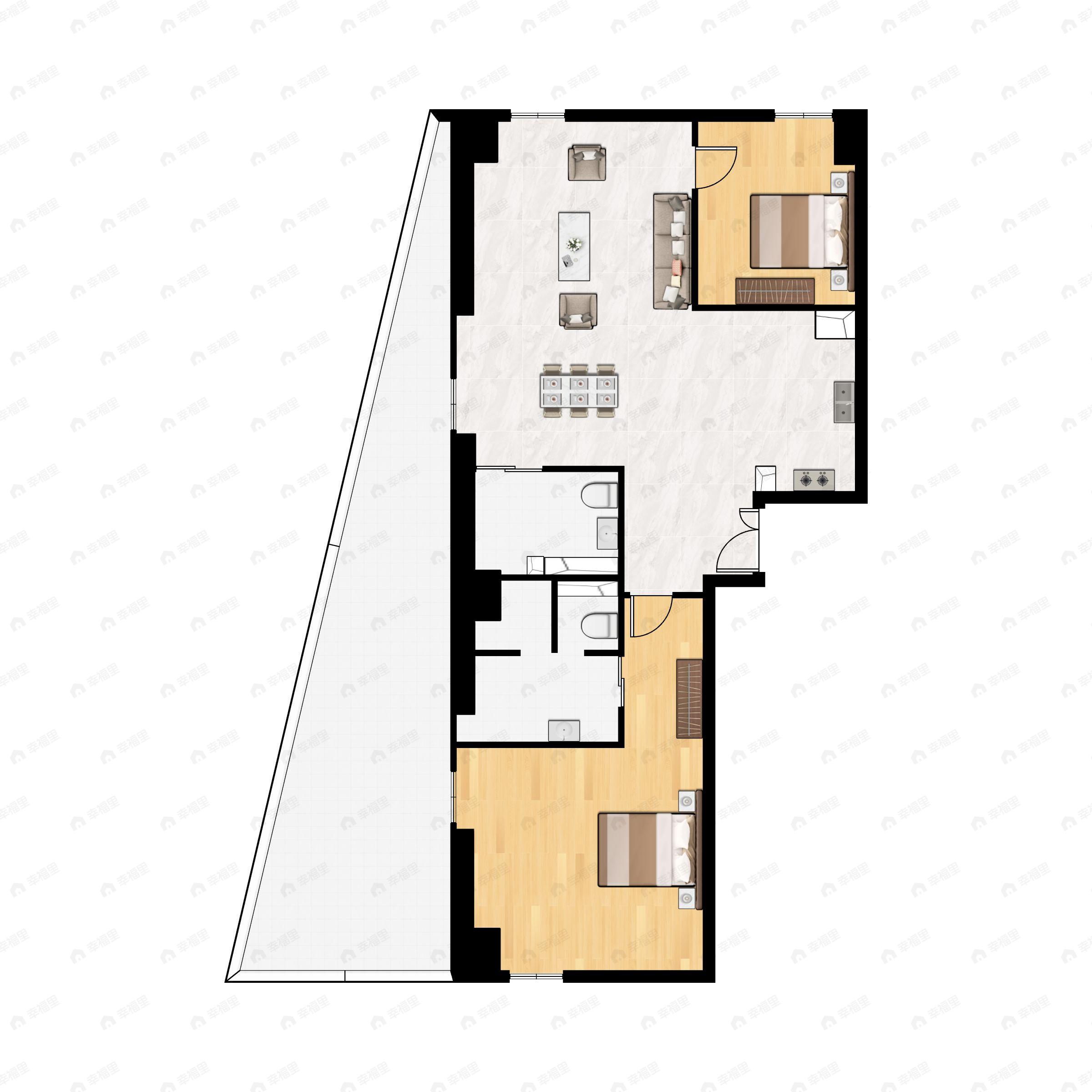 2室2厅2卫建面195平西南|西北户型图