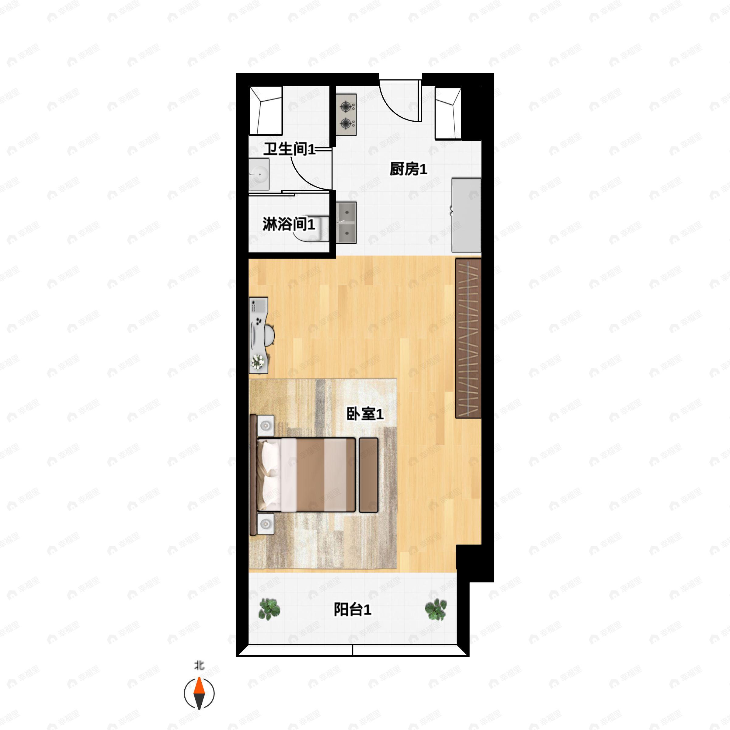 1室1厅1卫建面45m²南|西南户型图