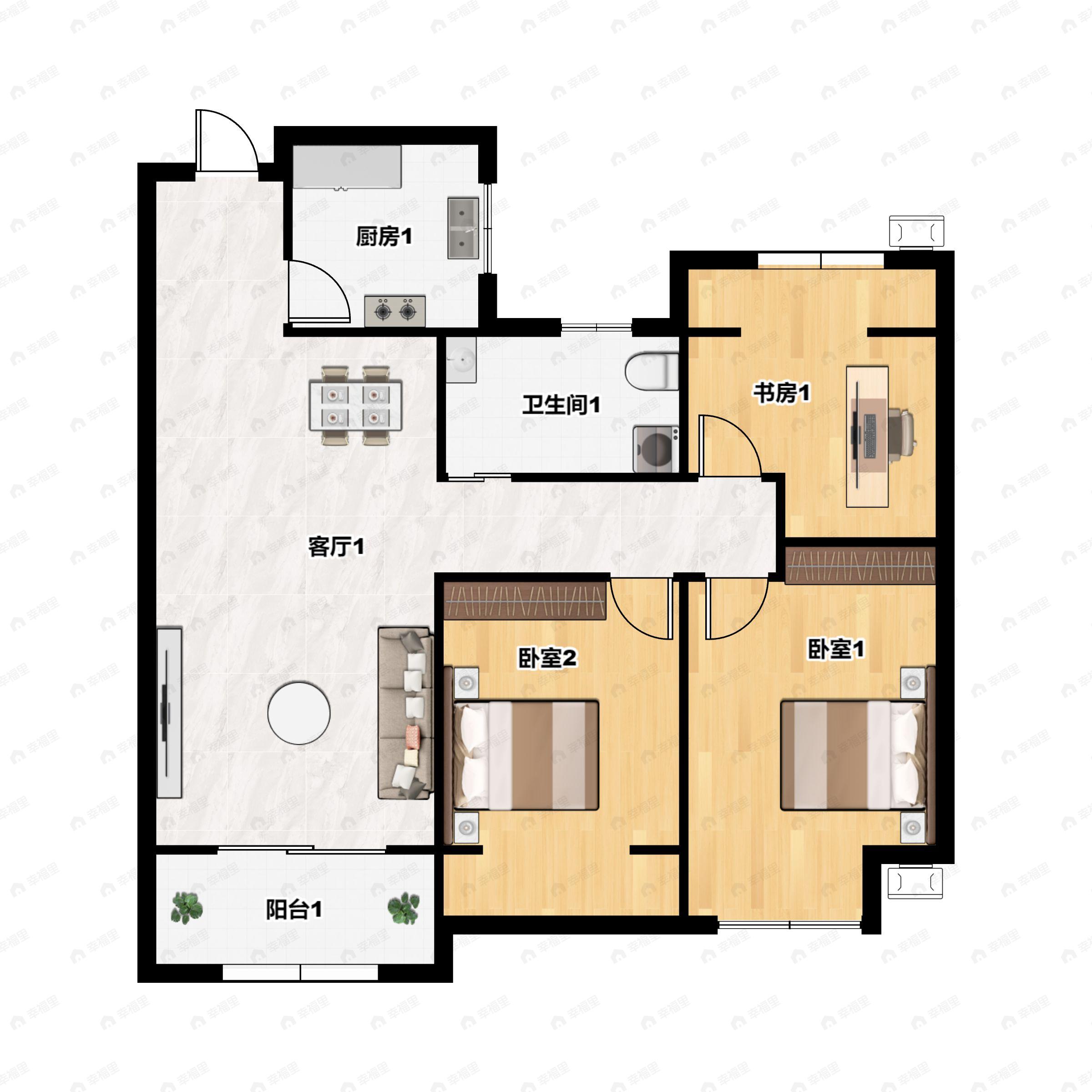 3室2厅1卫建面84平南户型图