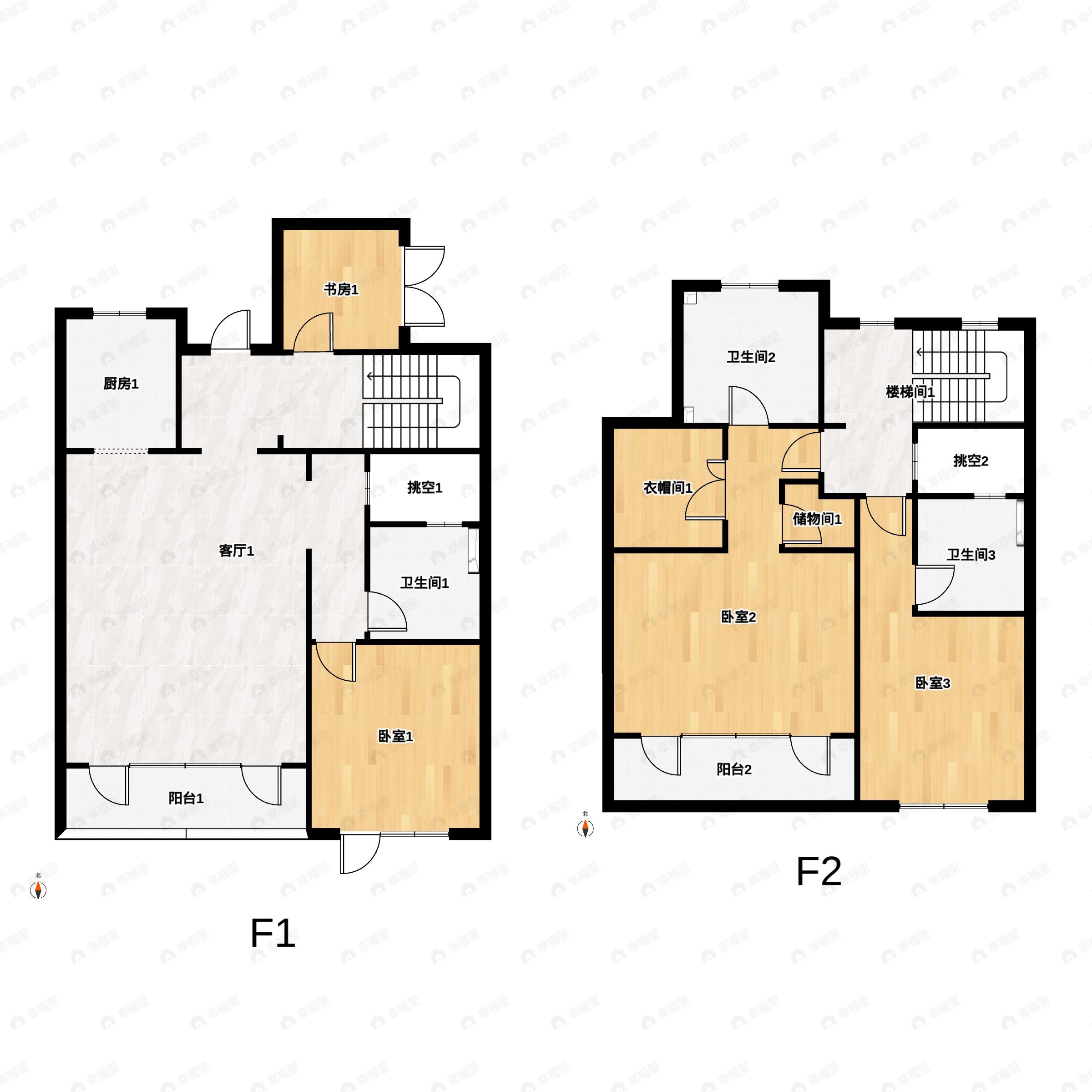 2室2厅3卫建面198m²北|南户型图