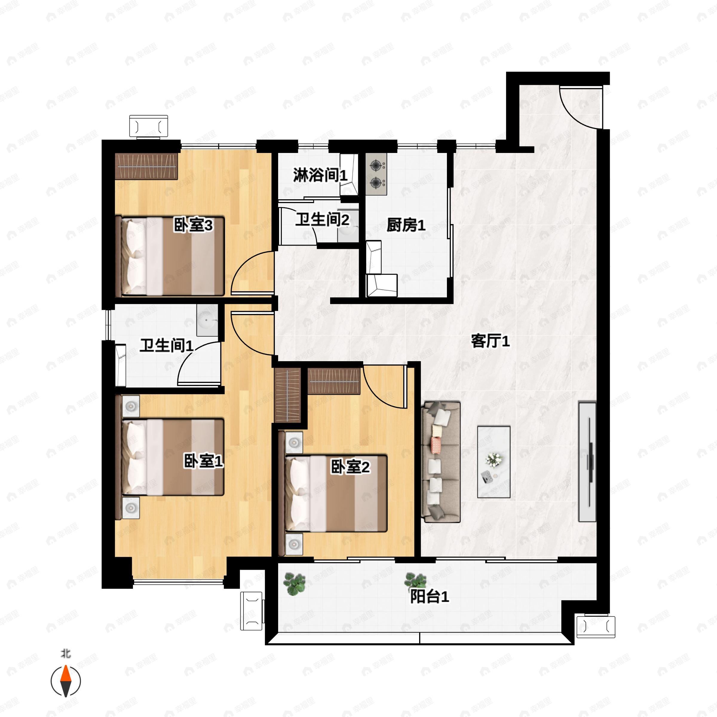 3室2厅2卫建面117平南|北户型图