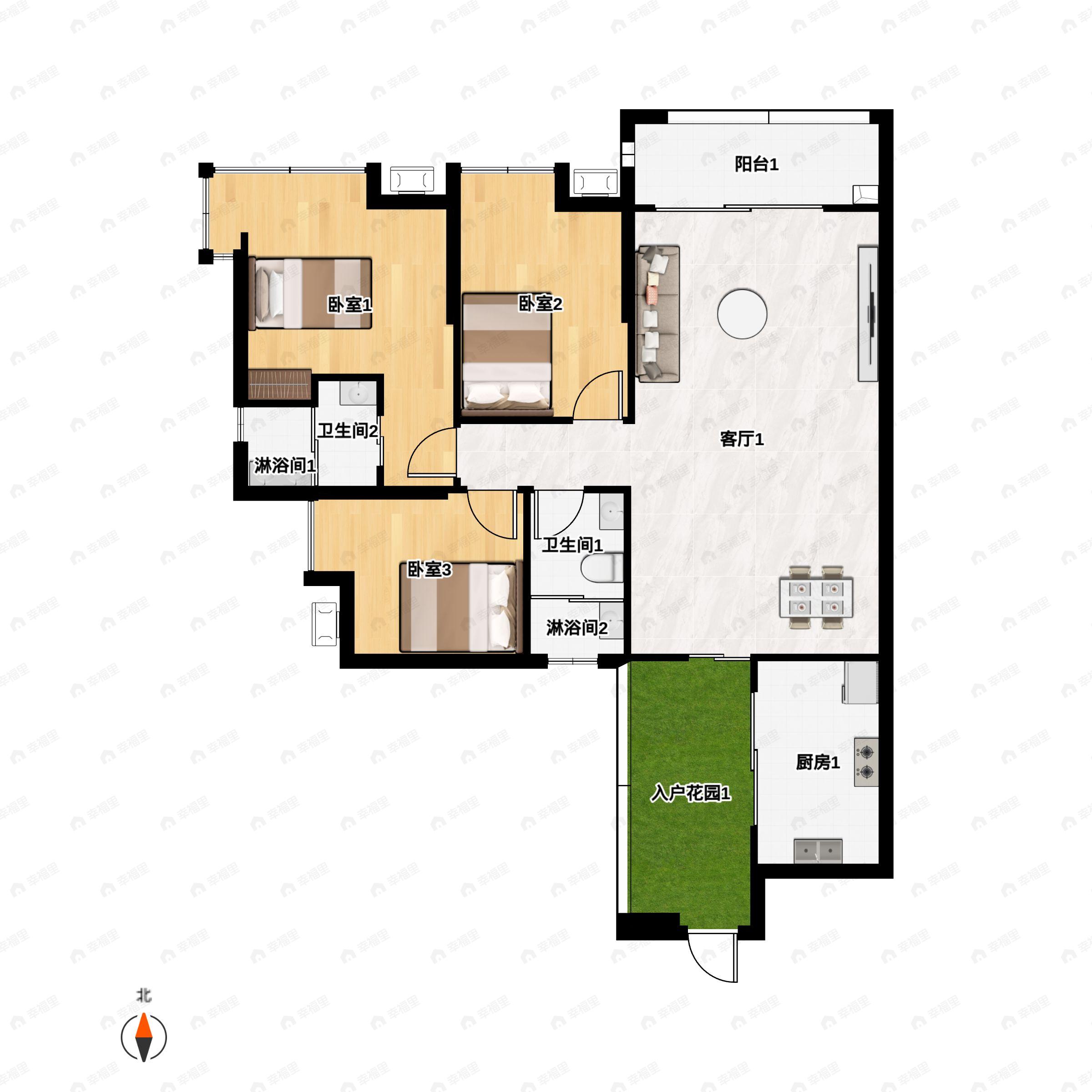 3室2厅2卫建面109平户型图