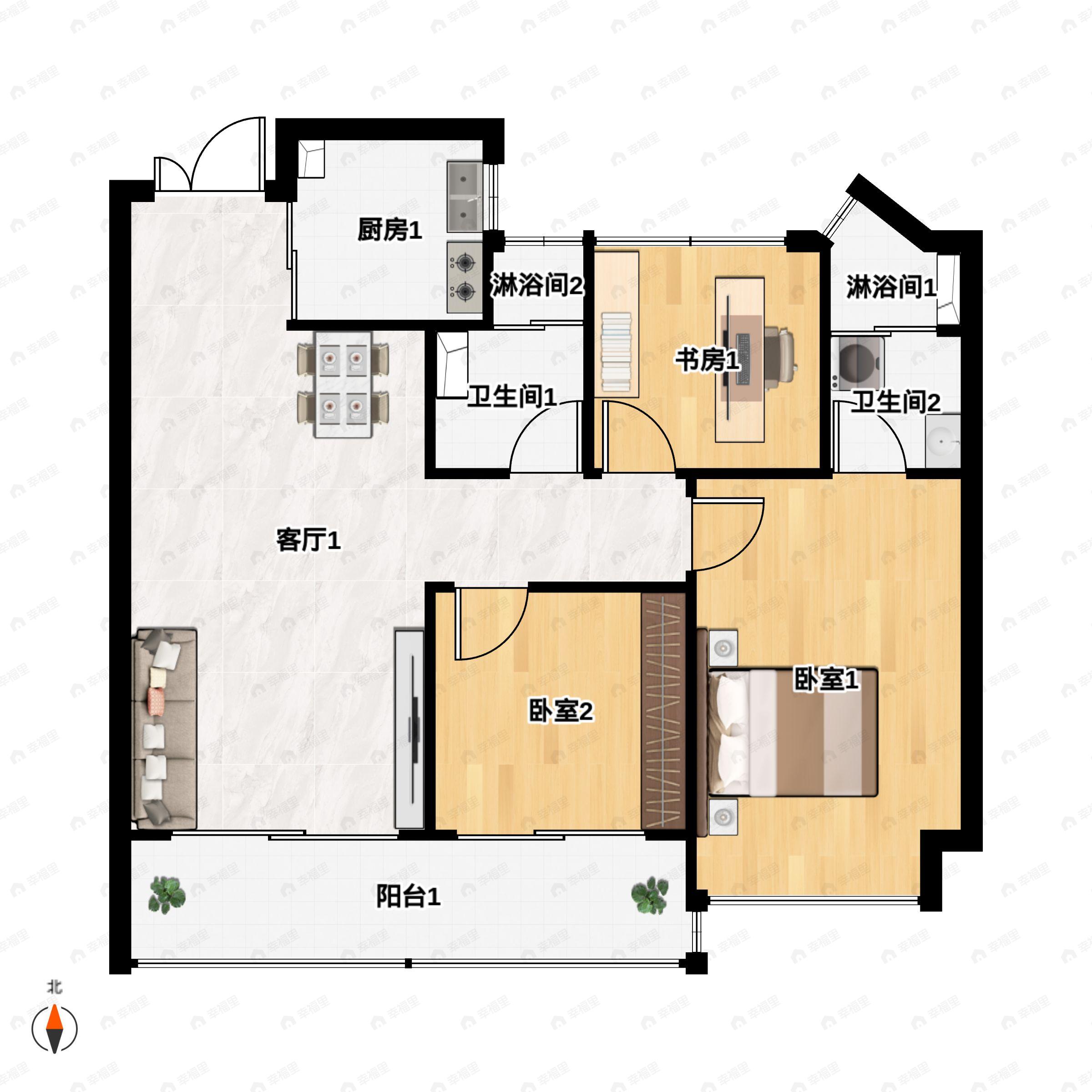 3室2厅2卫建面88平南户型图