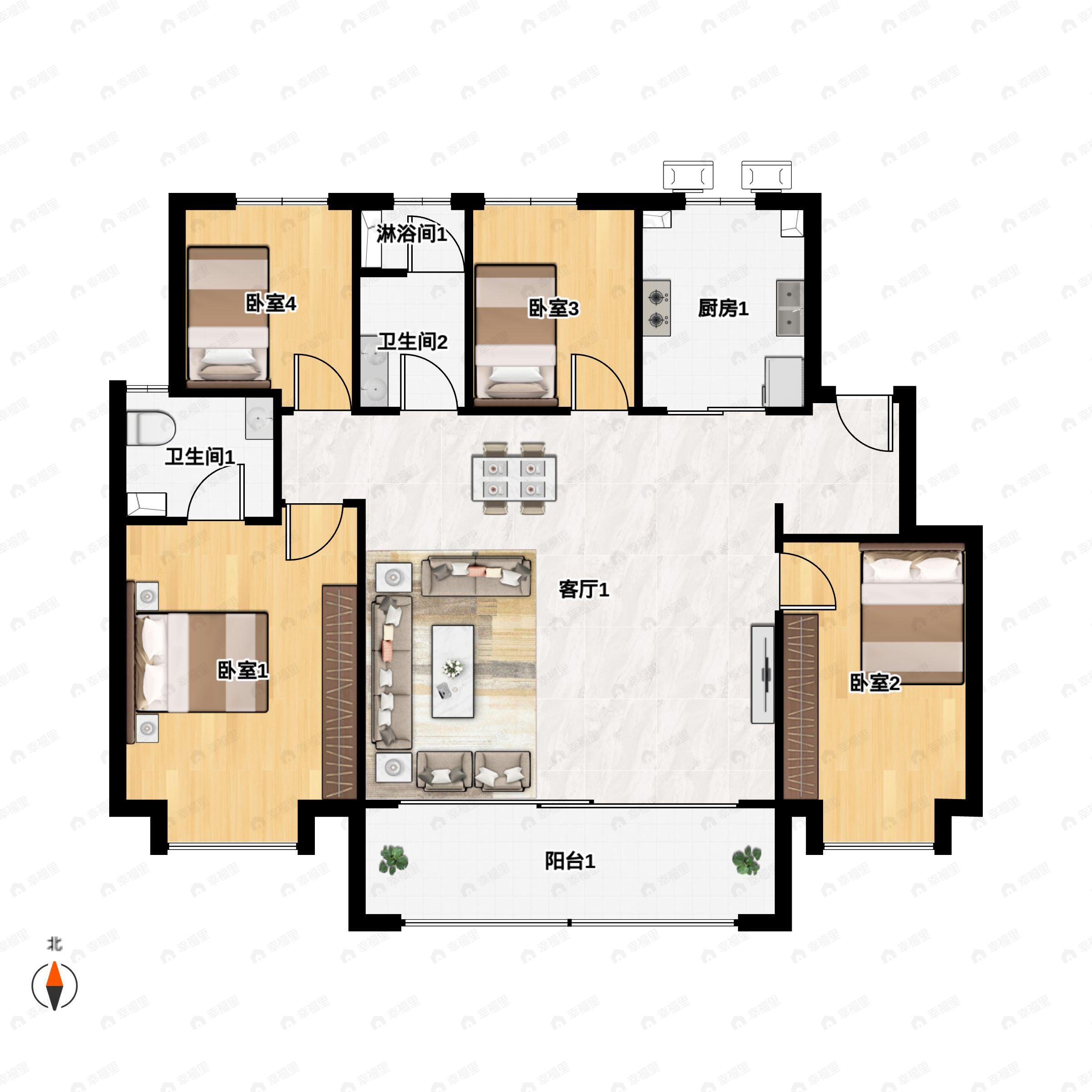 4室2厅2卫建面143m²北|南户型图