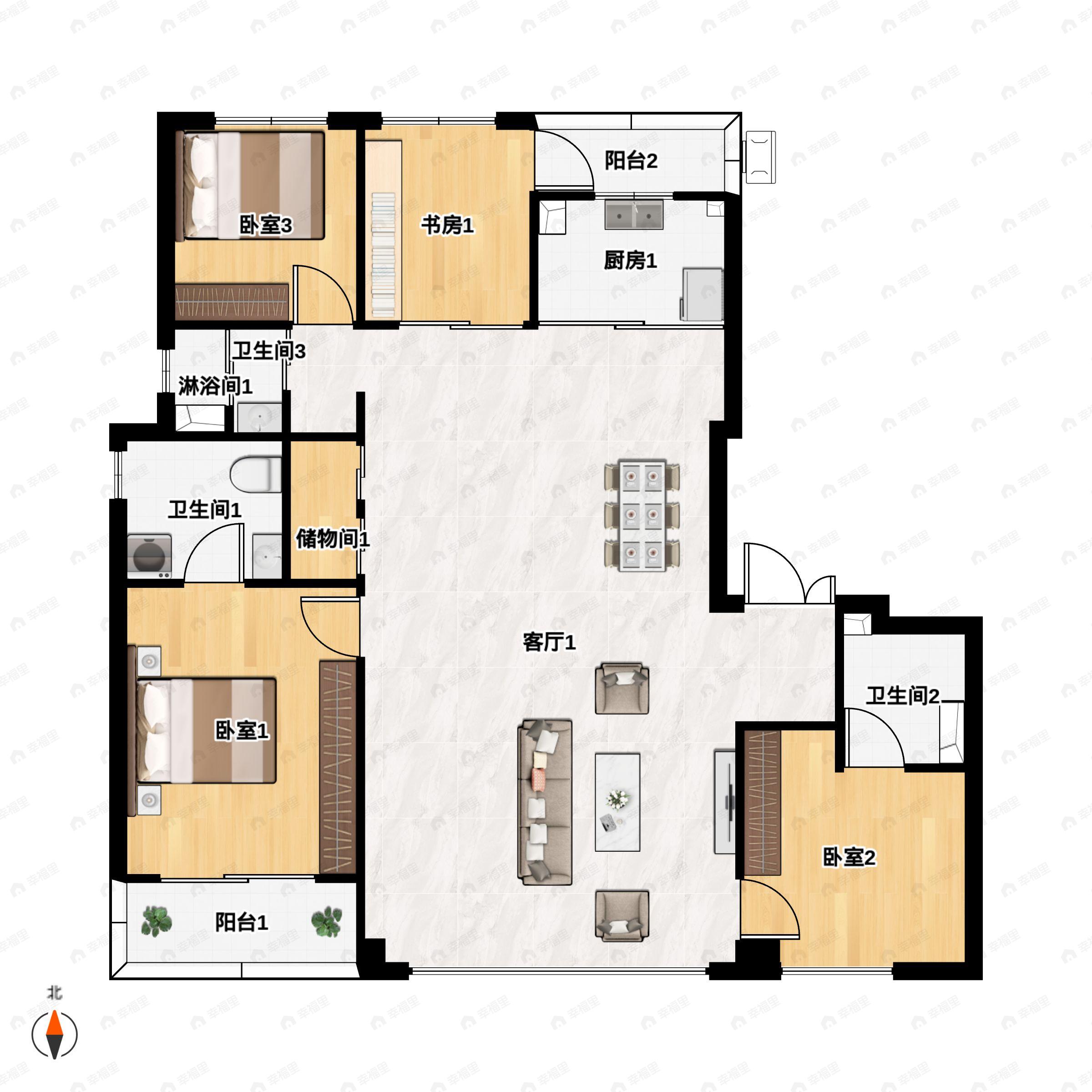 4室2厅3卫建面170平北|南户型图