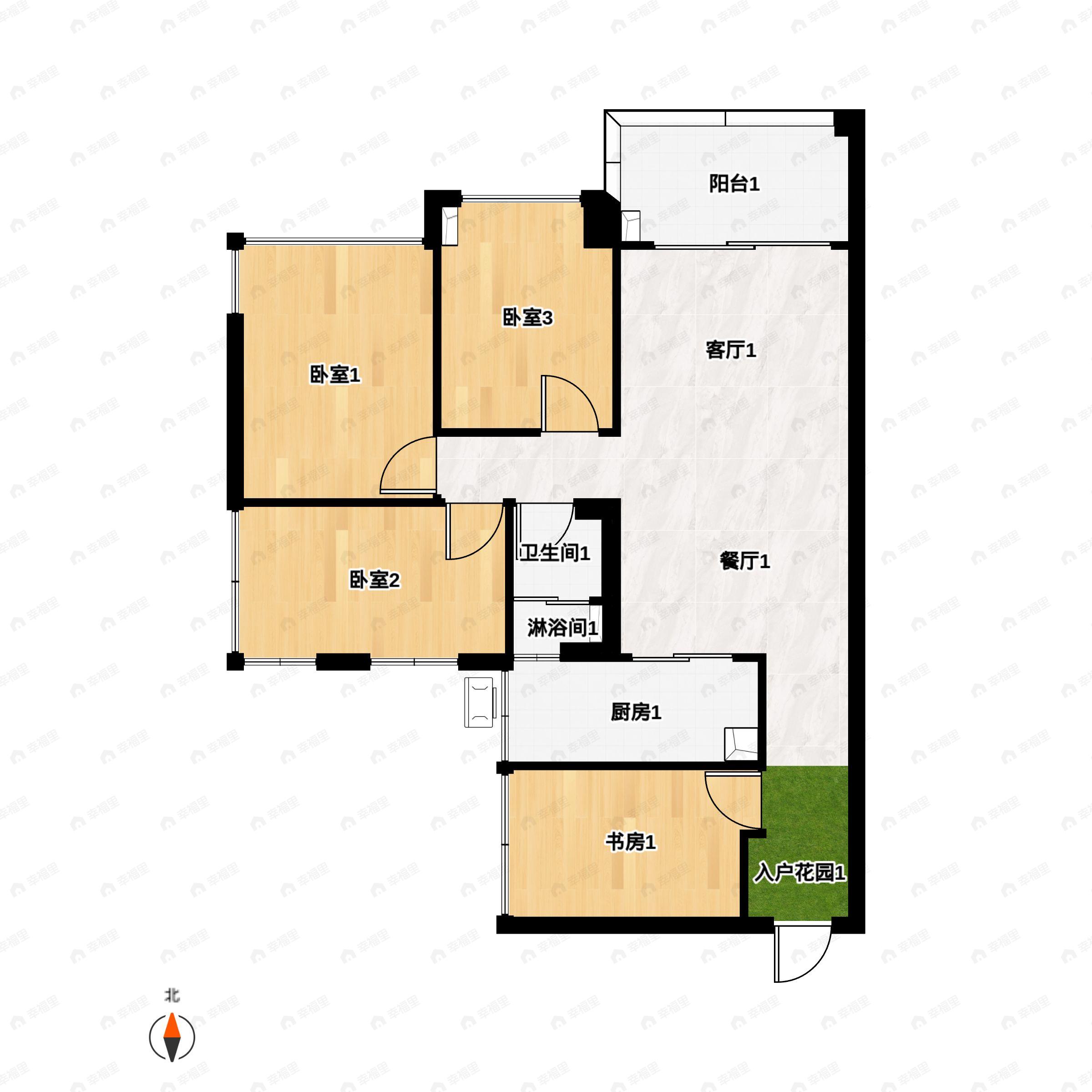 3室2厅1卫建面86m²北户型图