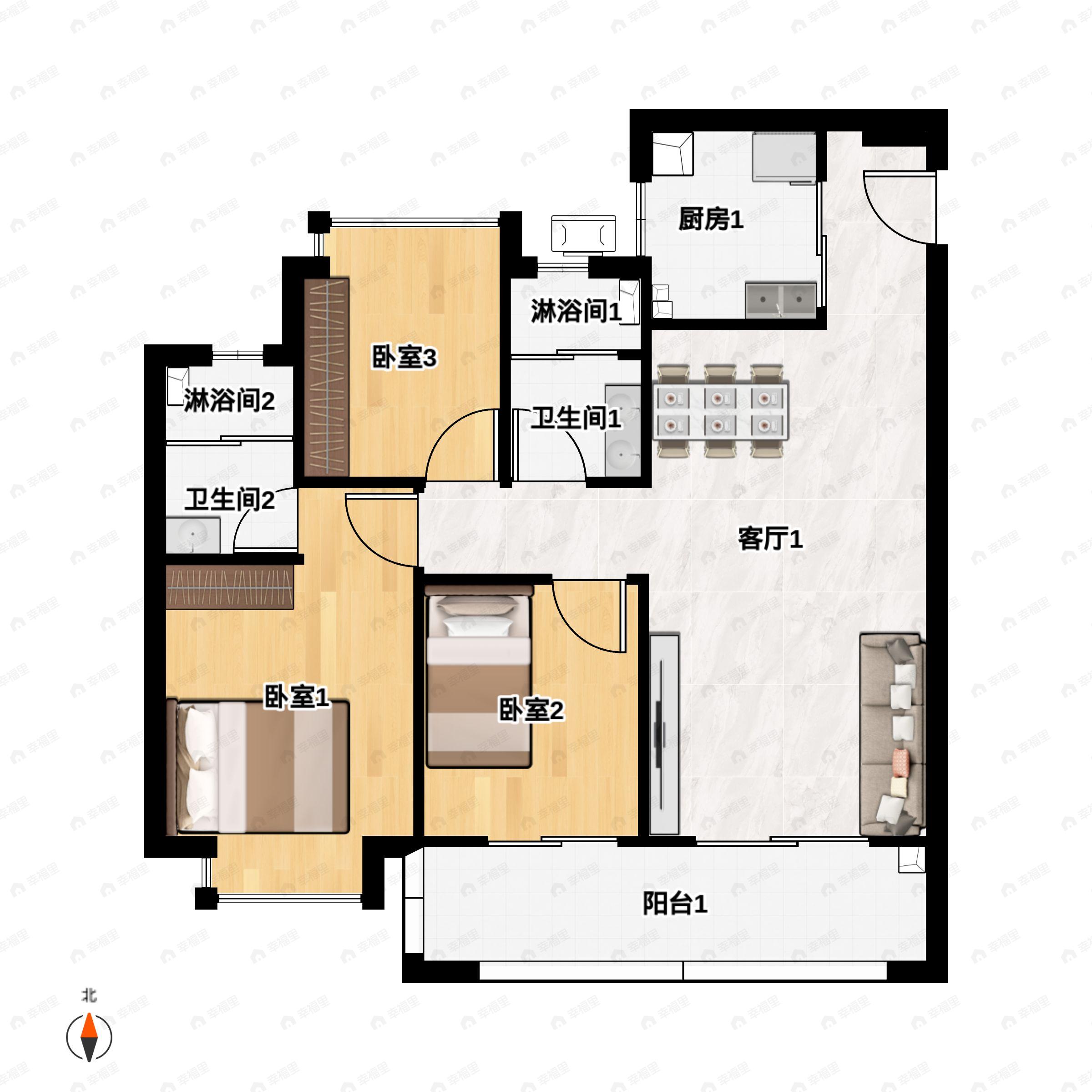 3室2厅2卫建面107平户型图