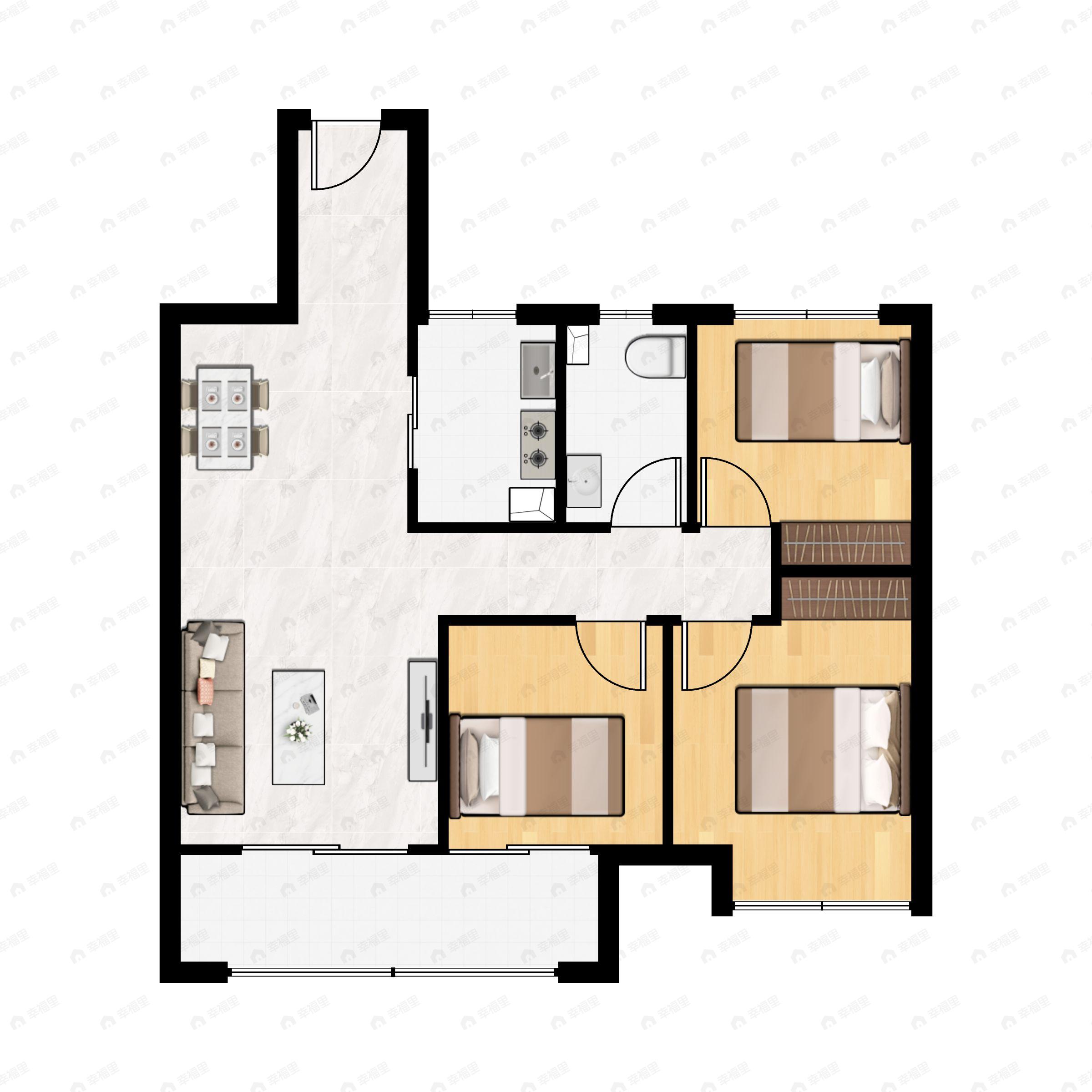 3室2厅1卫建面83m²南户型图