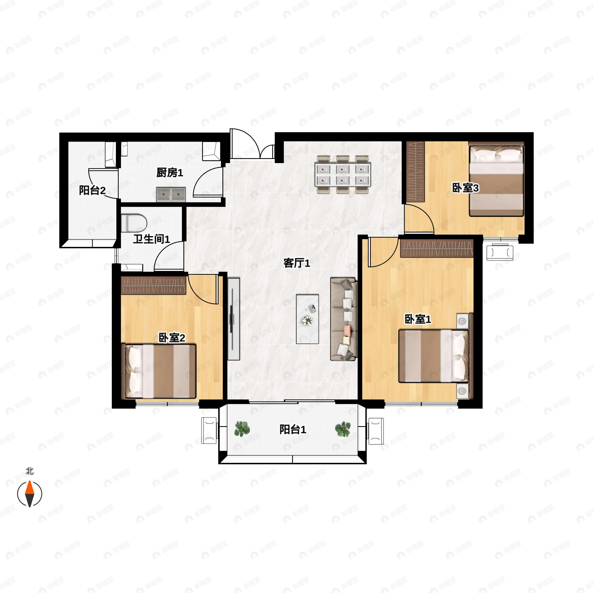 3室2厅1卫建面109平南户型图