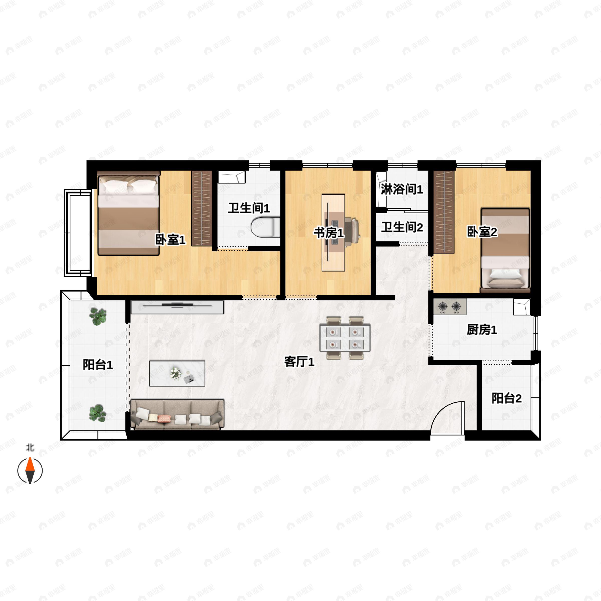 3室2厅2卫建面111m²北|西户型图