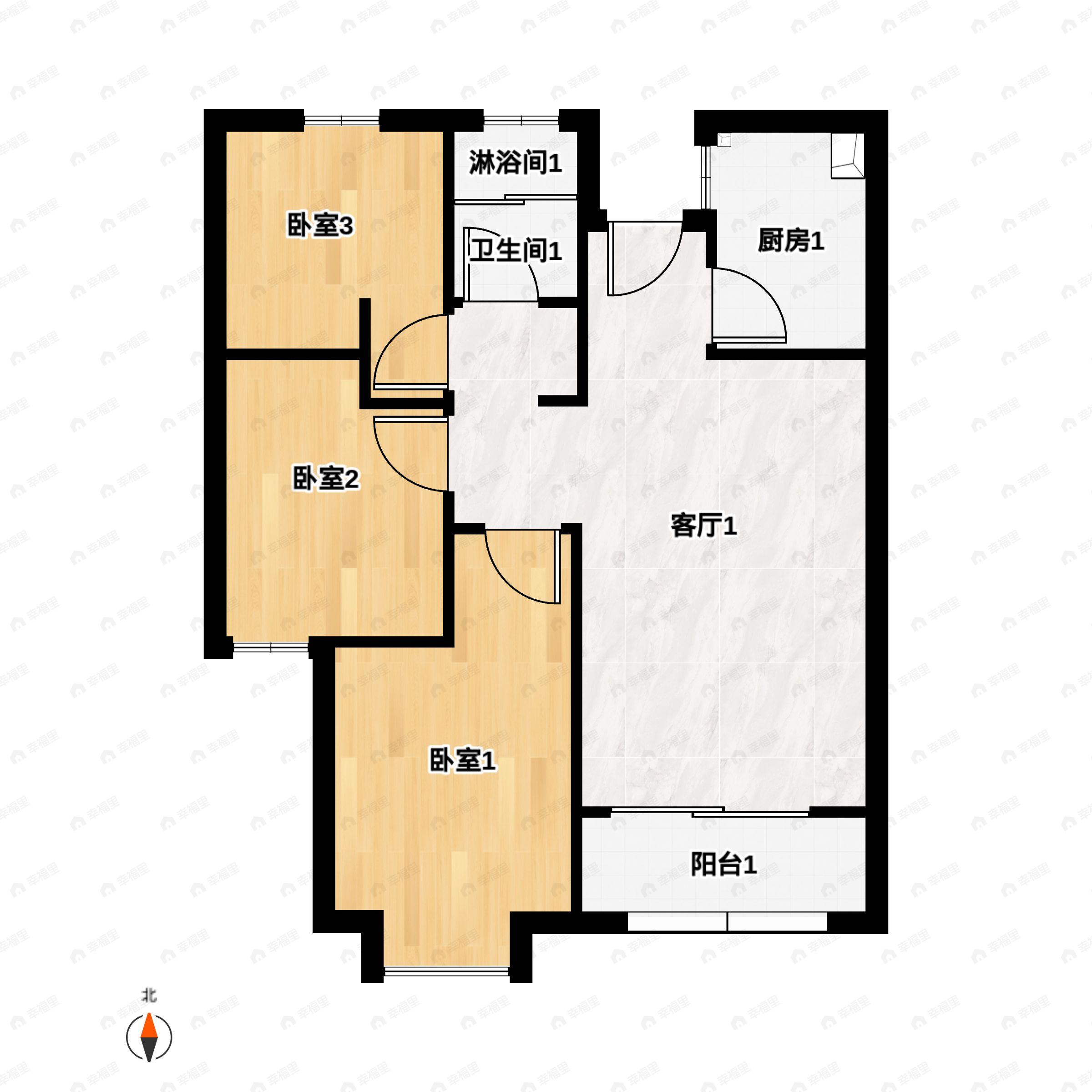 3室2厅1卫建面79平北|南户型图