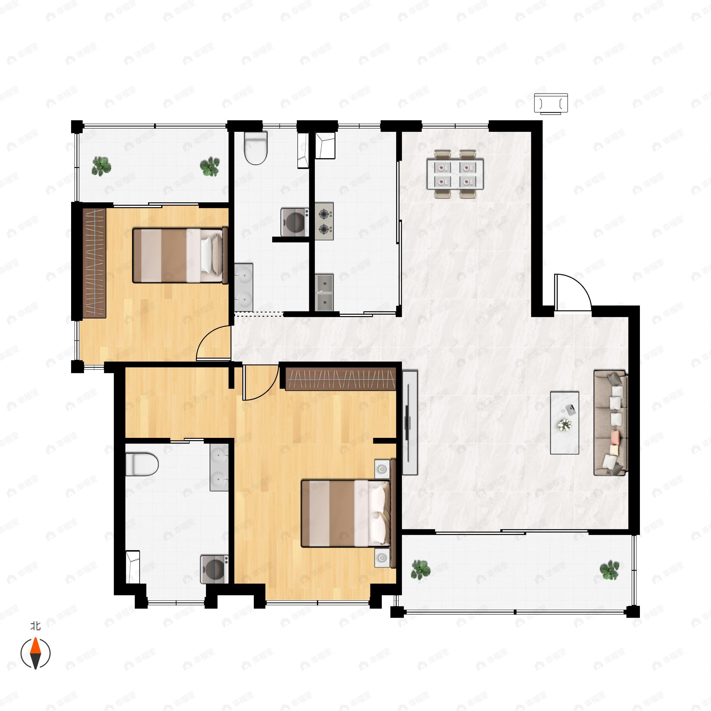 2室2厅2卫建面160m²北|南户型图