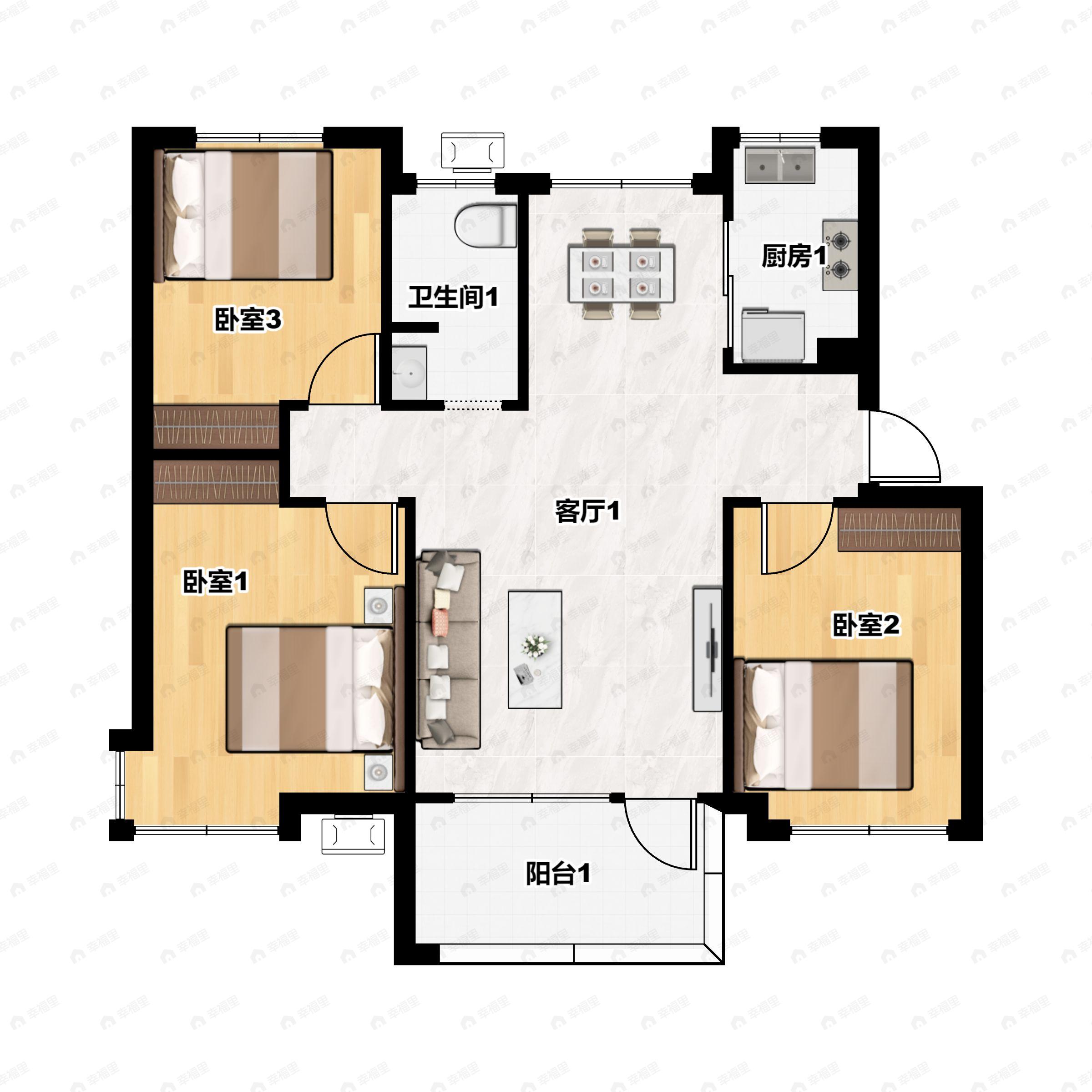 3室2厅1卫建面108平户型图