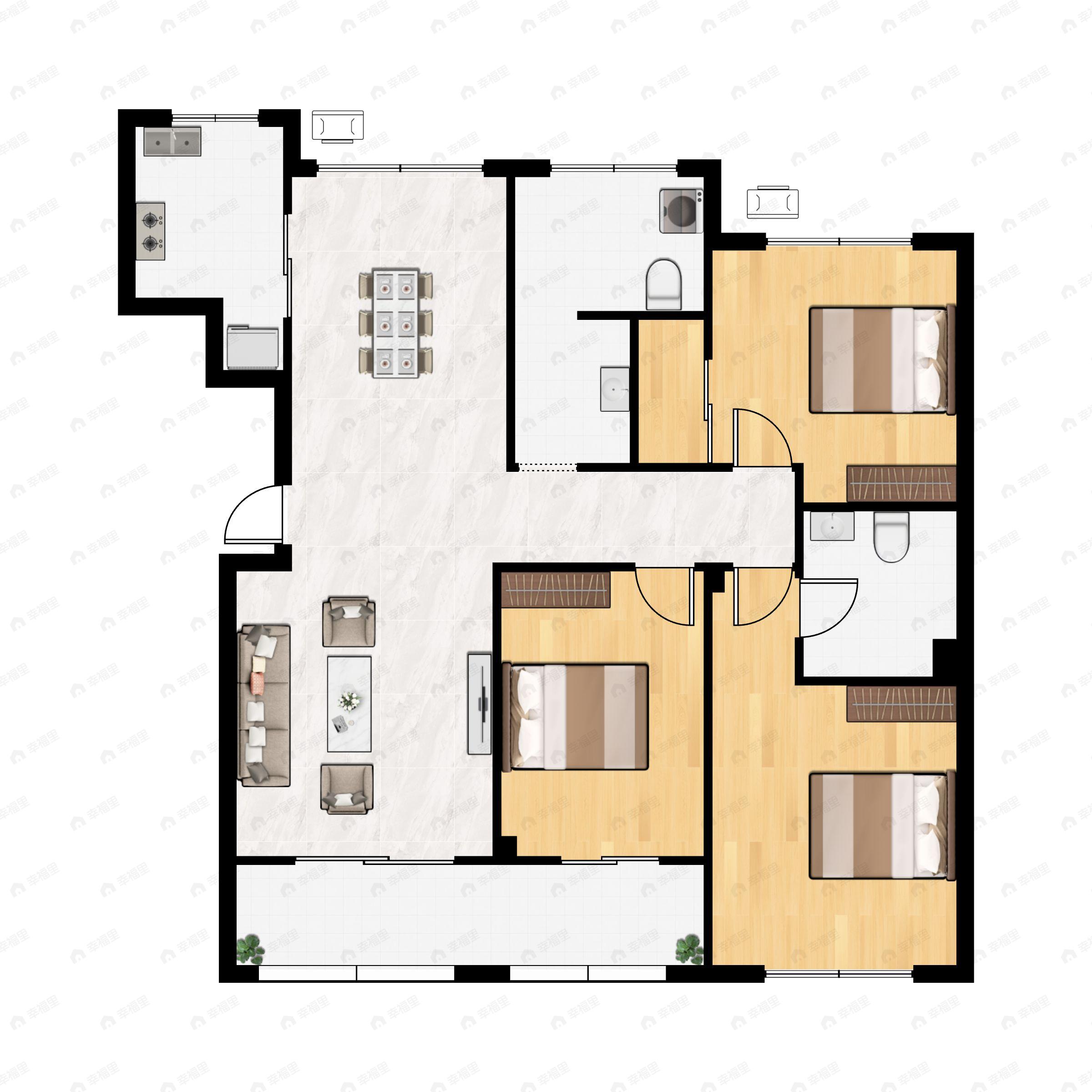 3室2厅2卫建面128m²南|北户型图