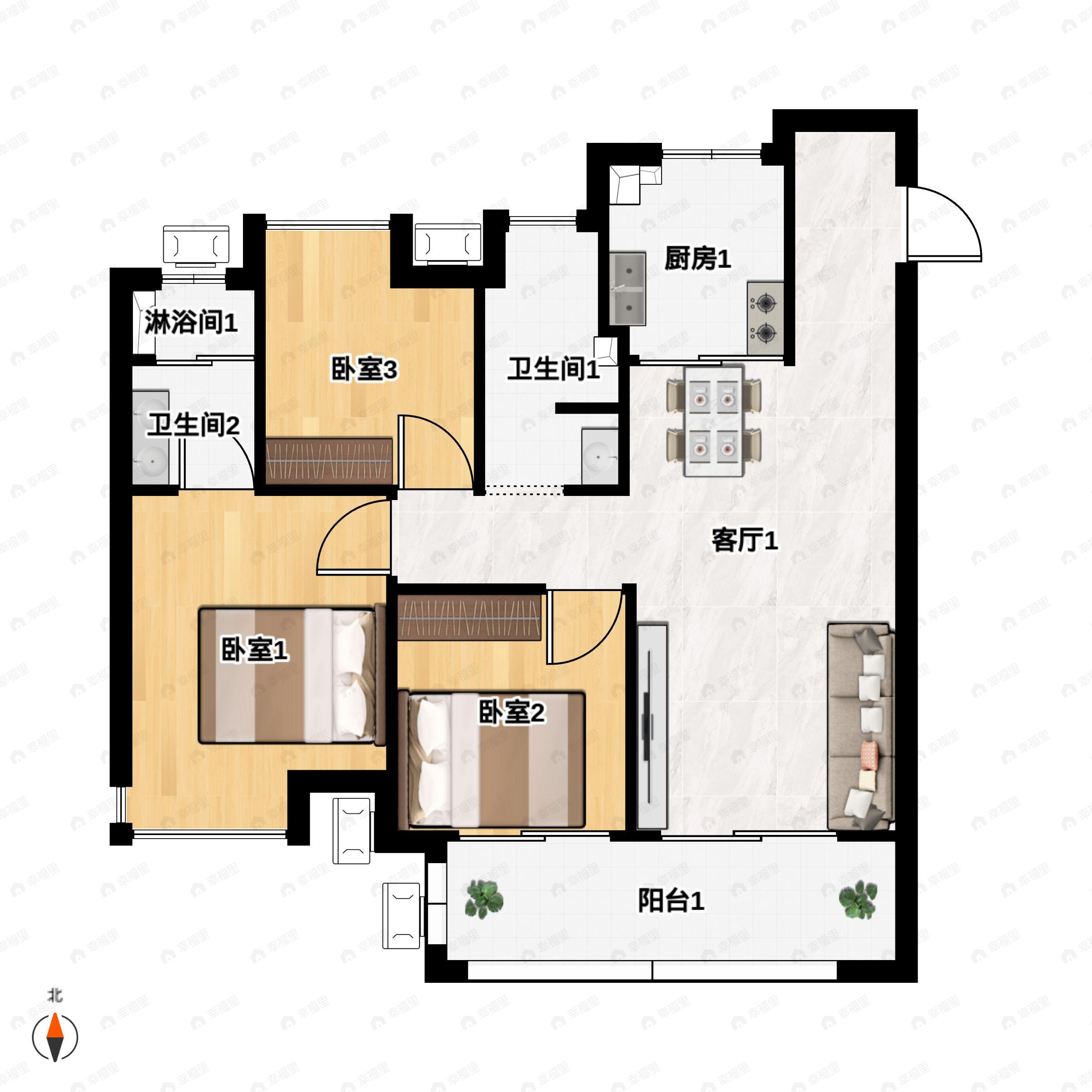 3室2厅2卫建面89平户型图