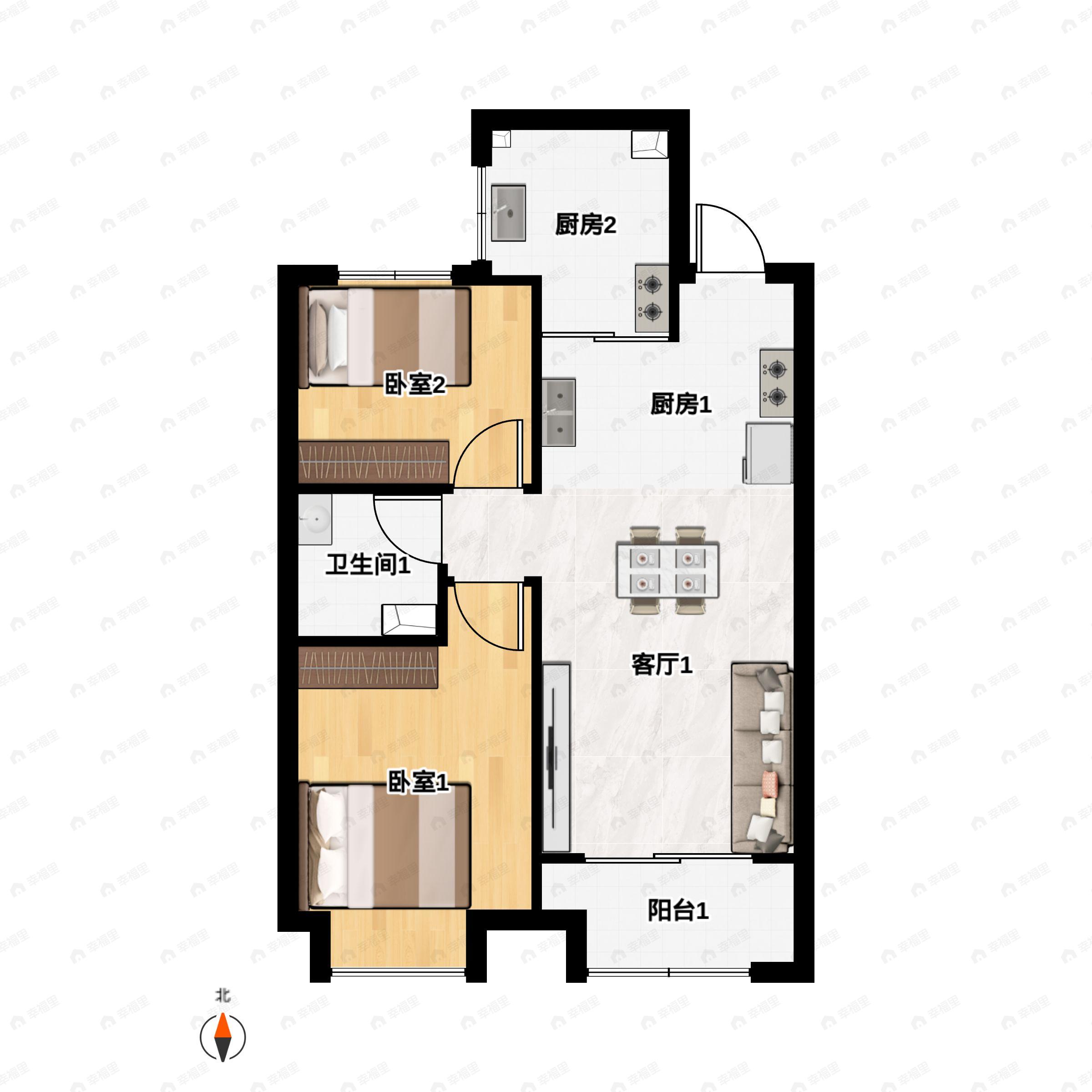 2室2厅1卫建面88m²南|北户型图
