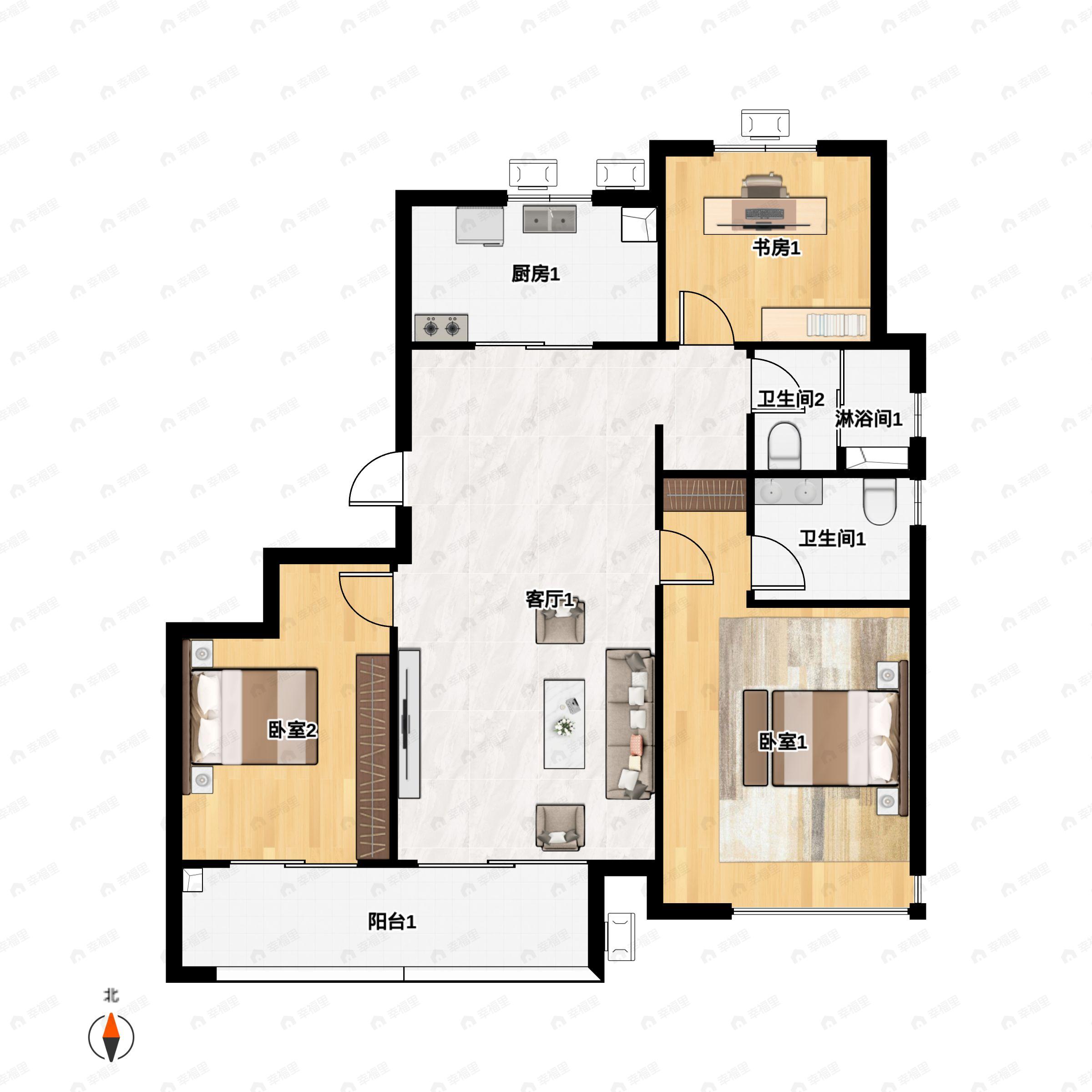 3室2厅2卫建面108m²南户型图