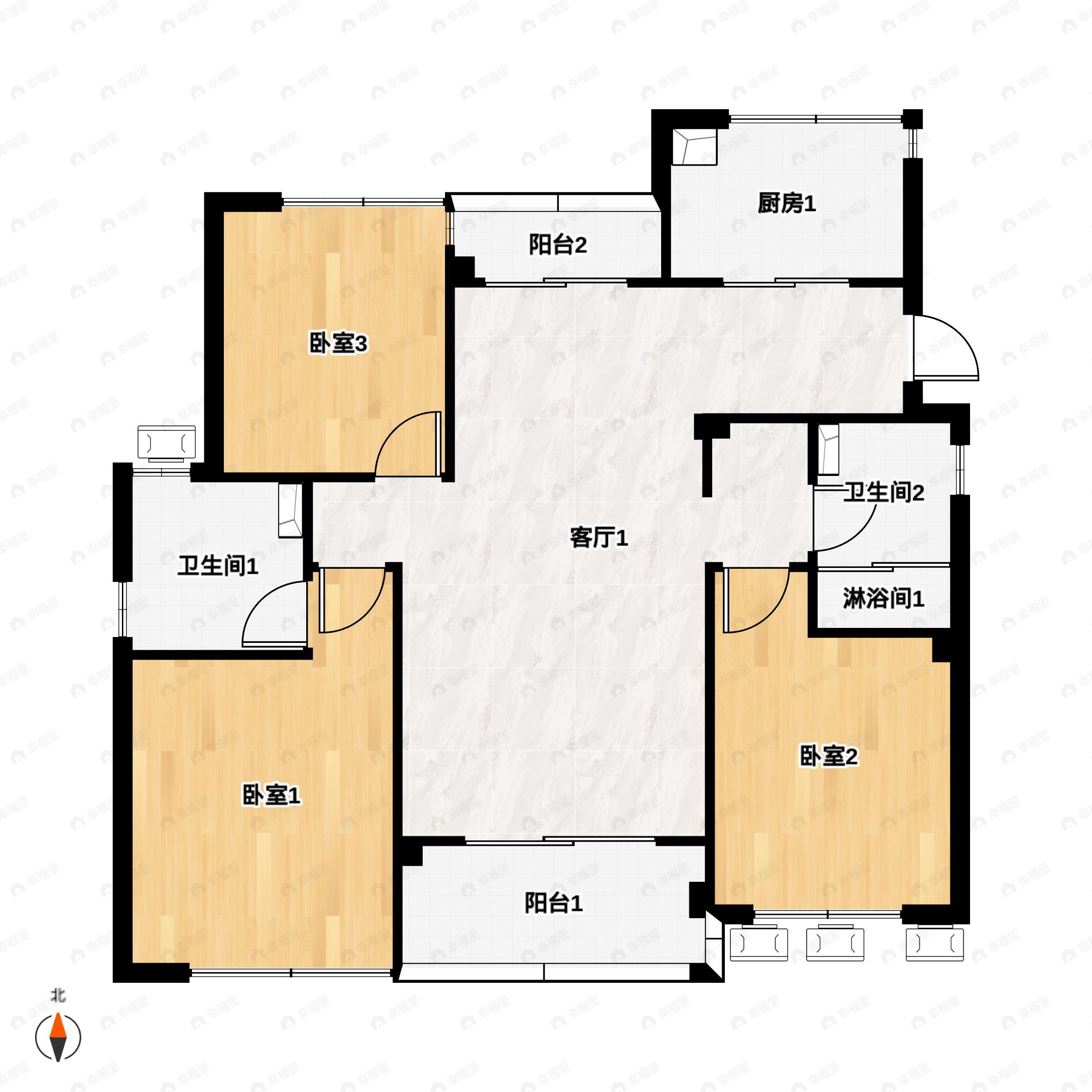 3室2厅2卫建面115平南户型图