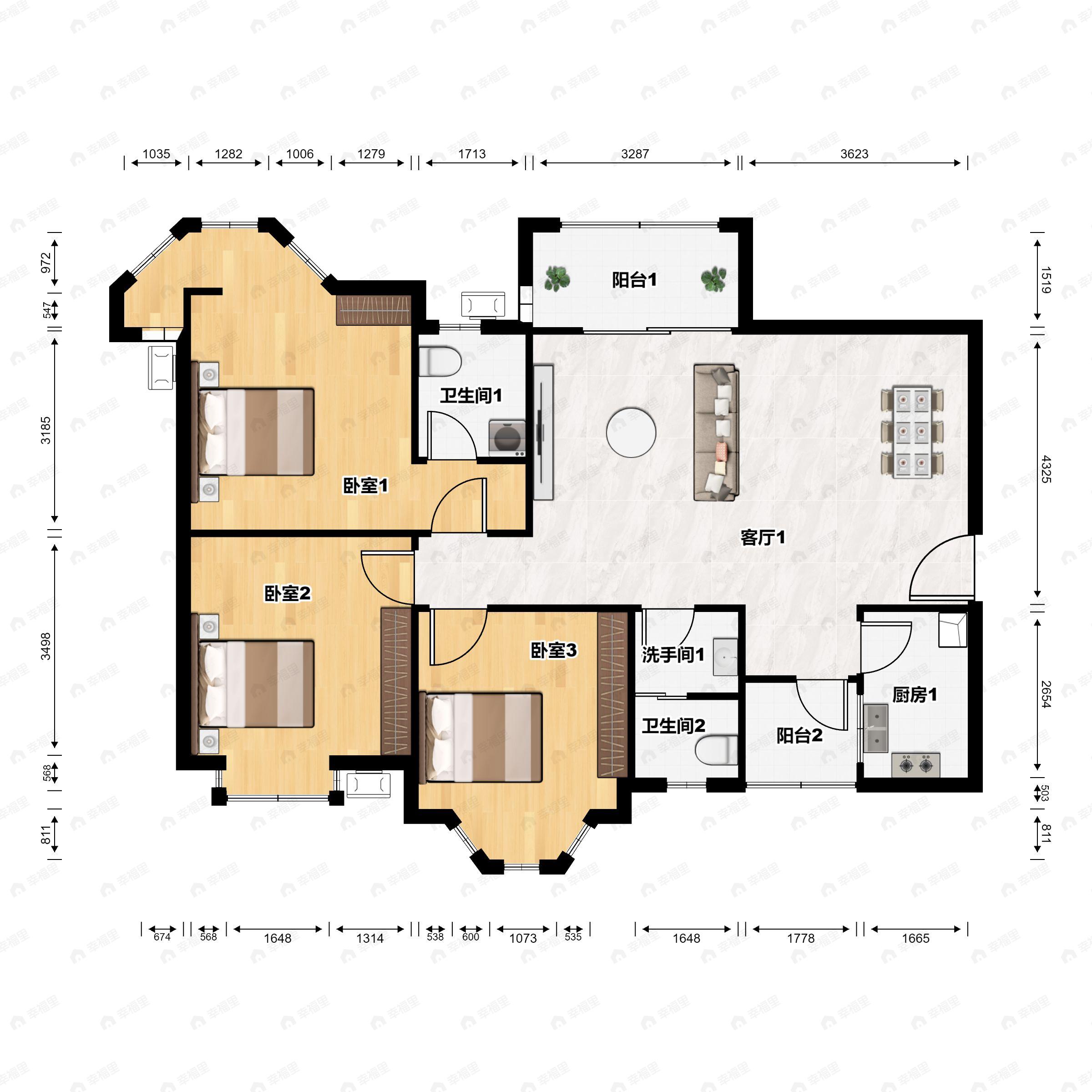 3室2厅2卫建面113平户型图