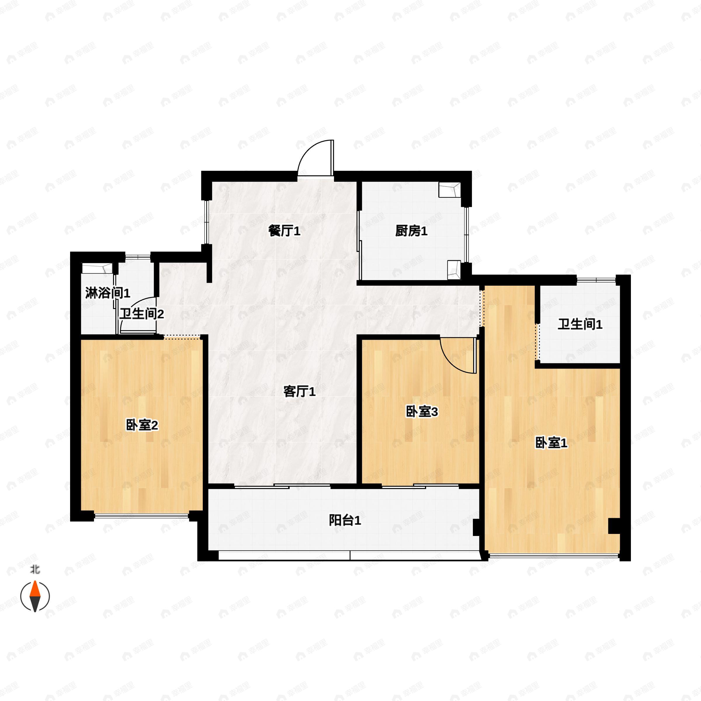 3室2厅2卫建面108m²南户型图