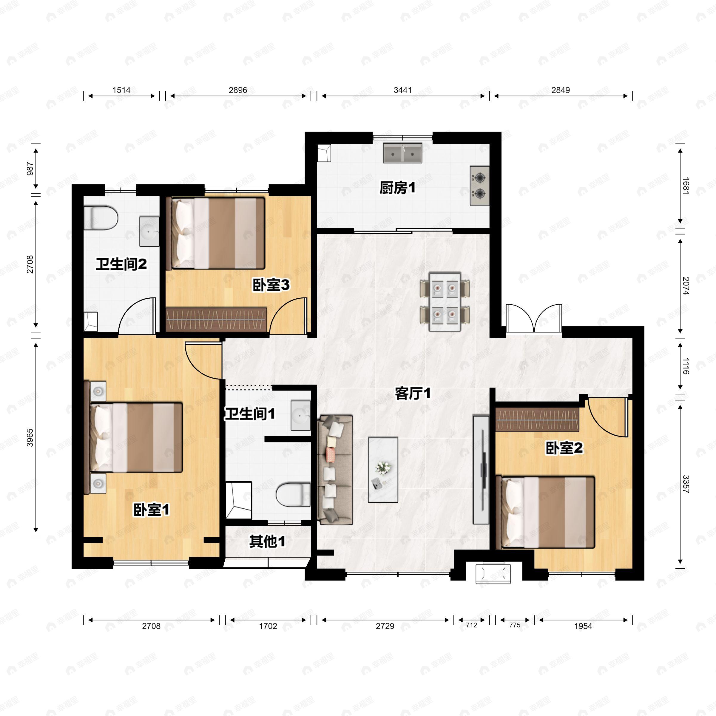 3室2厅2卫建面129平南户型图