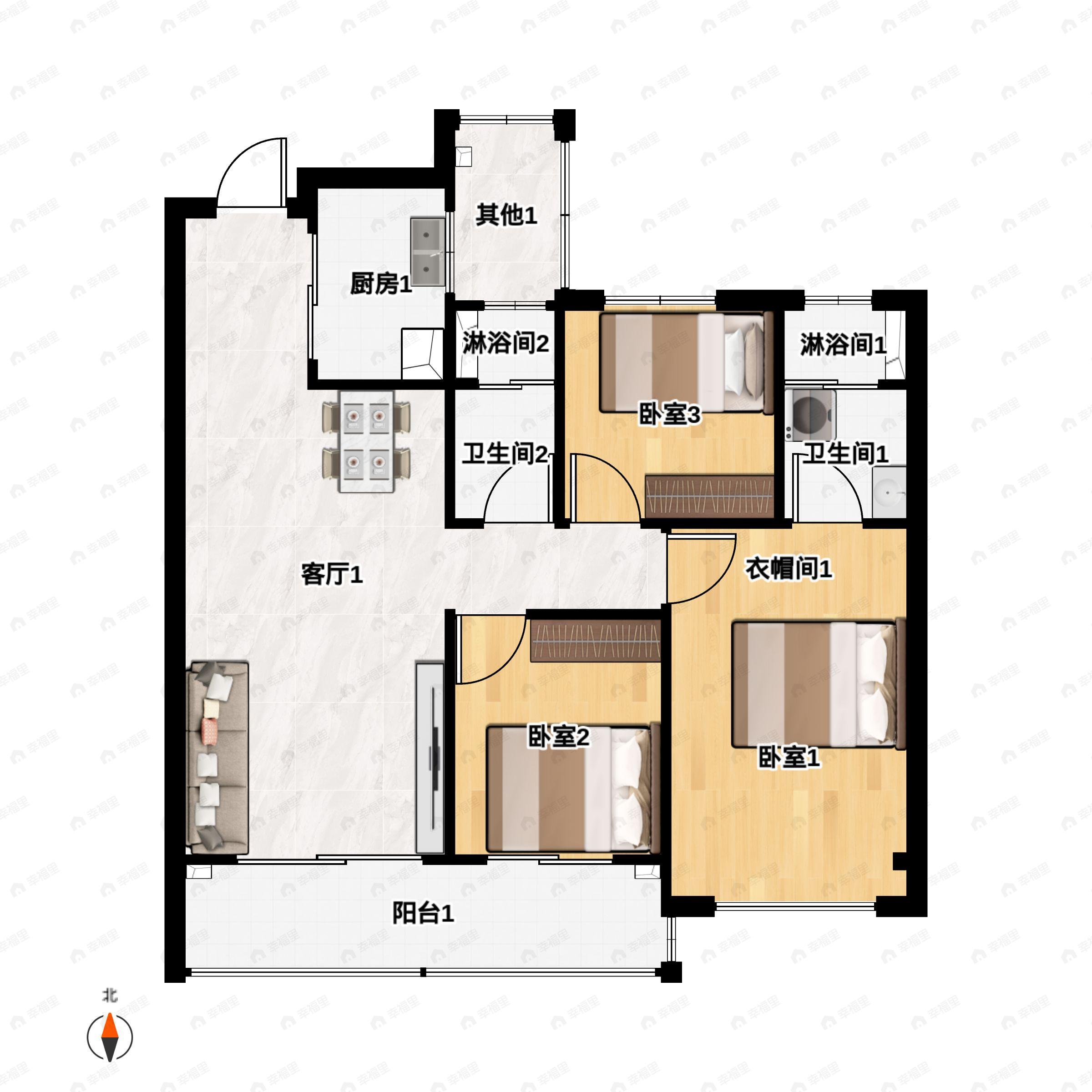 3室2厅2卫建面102m²南|北户型图