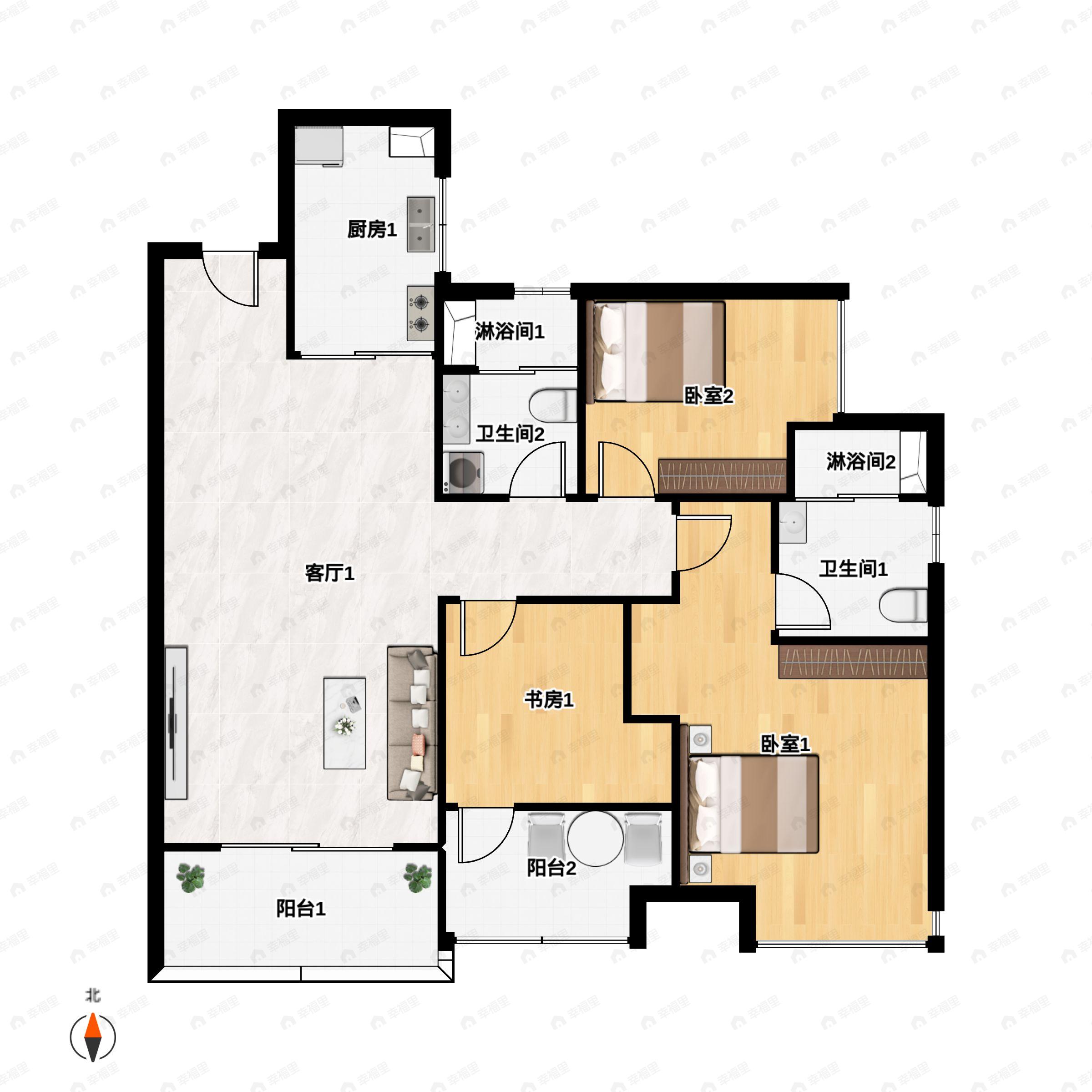 3室2厅2卫建面89平户型图