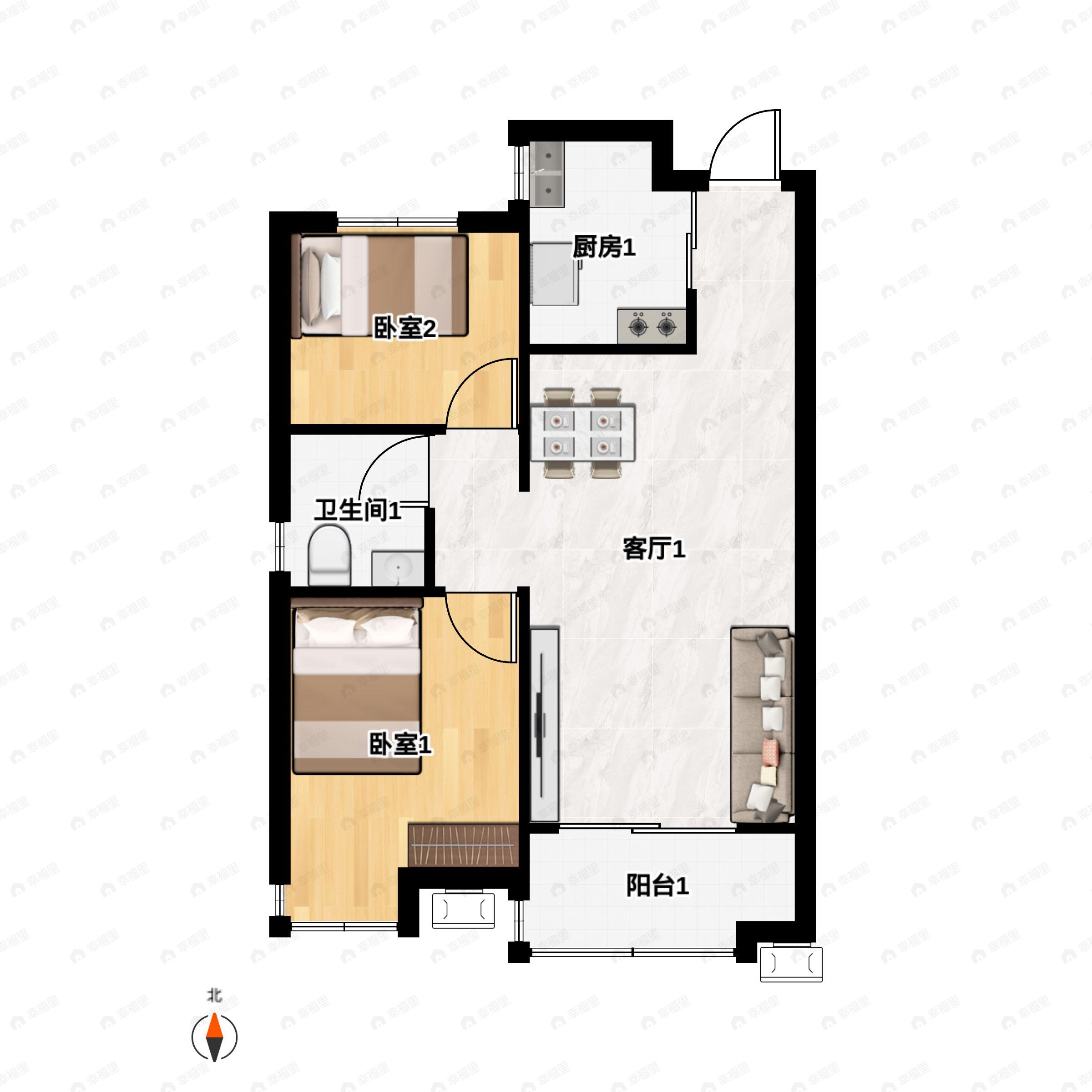 2室2厅1卫建面82m²南|北户型图
