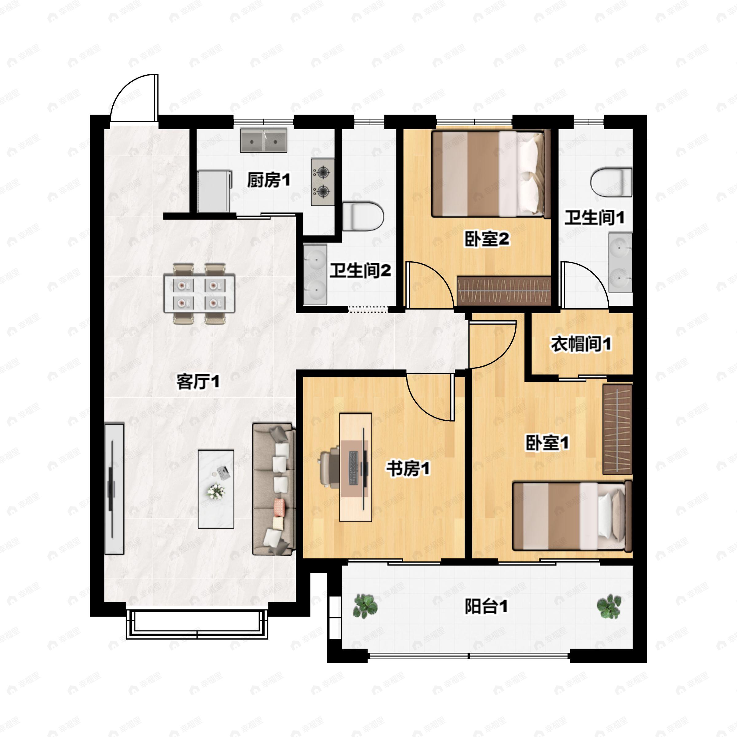 3室2厅2卫建面128平南户型图