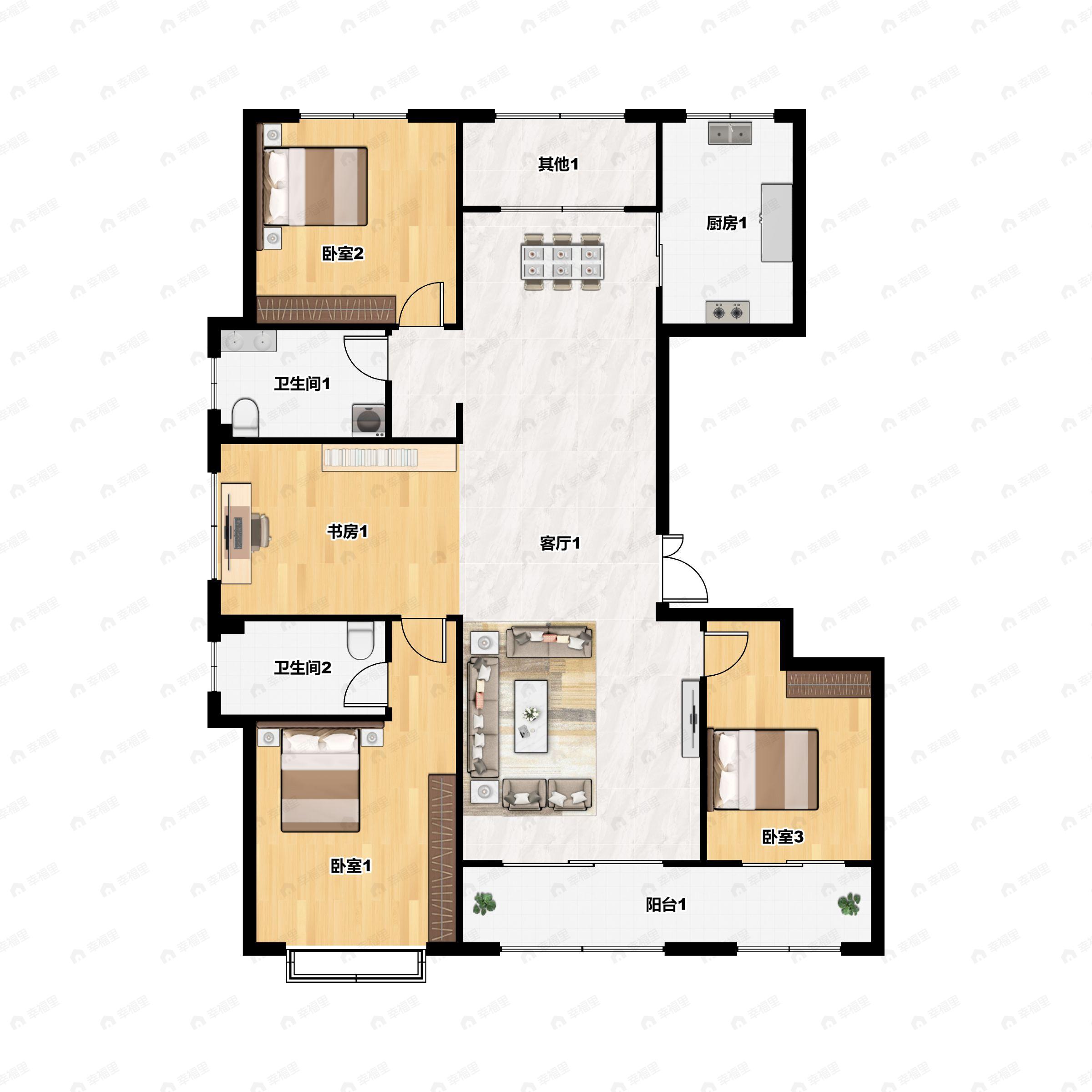 3室2厅2卫建面163m²南|北户型图